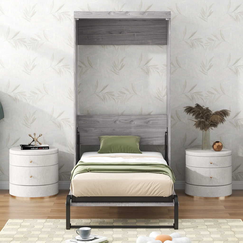 Nouveauté 2026 – Lit escamotable Euroco en pin gris, format simple, transformable en armoire