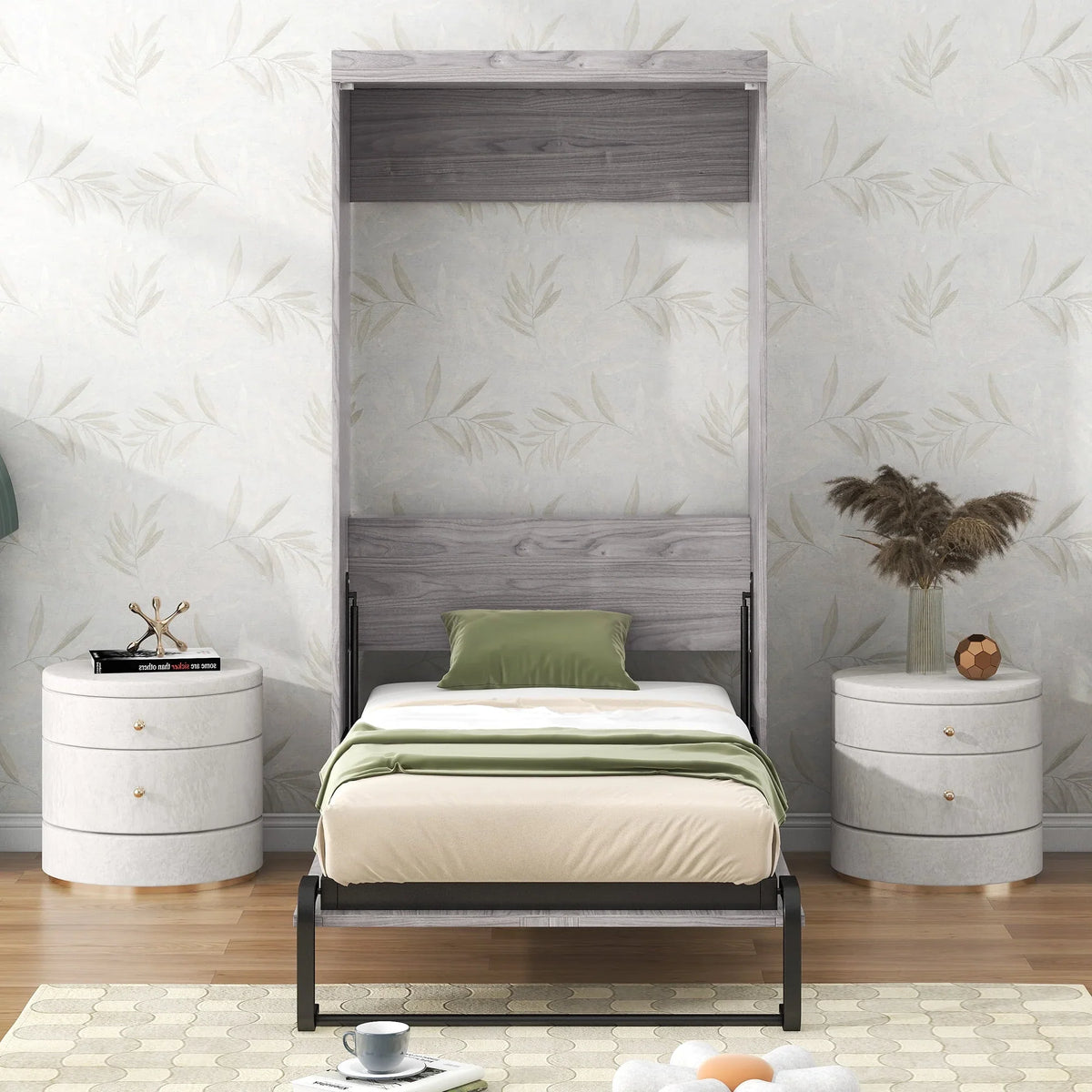 Nouveauté 2026 – Lit escamotable Euroco en pin gris, format simple, transformable en armoire