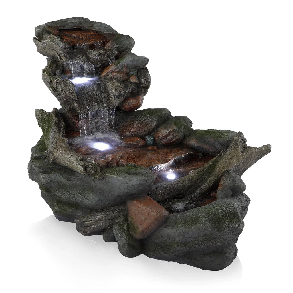 Nouveauté 2026 – Fontaine d'extérieur à 3 niveaux en pierre de forêt tropicale avec éclairage LED, Alpine Corporation