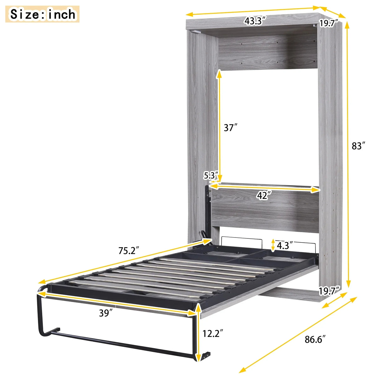 Nouveauté 2026 – Lit escamotable Euroco en pin gris, format simple, transformable en armoire