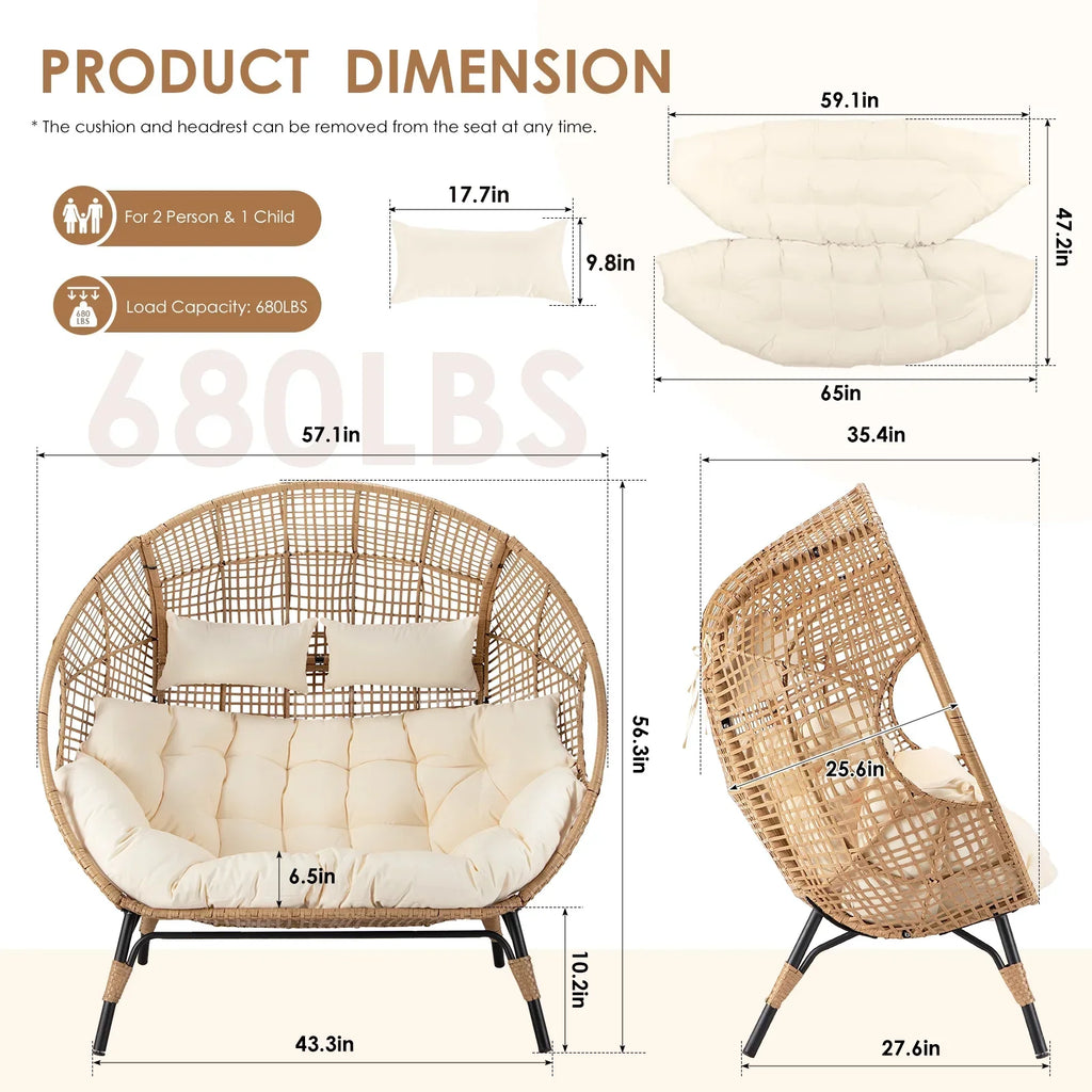 Nouveauté 2026 – Fauteuil double œuf RADIATA pour 2 personnes, canapé deux places surdimensionné en résine tressée avec coussins épais, capacité de 308 kg, fauteuil de jardin/terrasse fixe pour intérieur/extérieur, balcon, jardin, beige