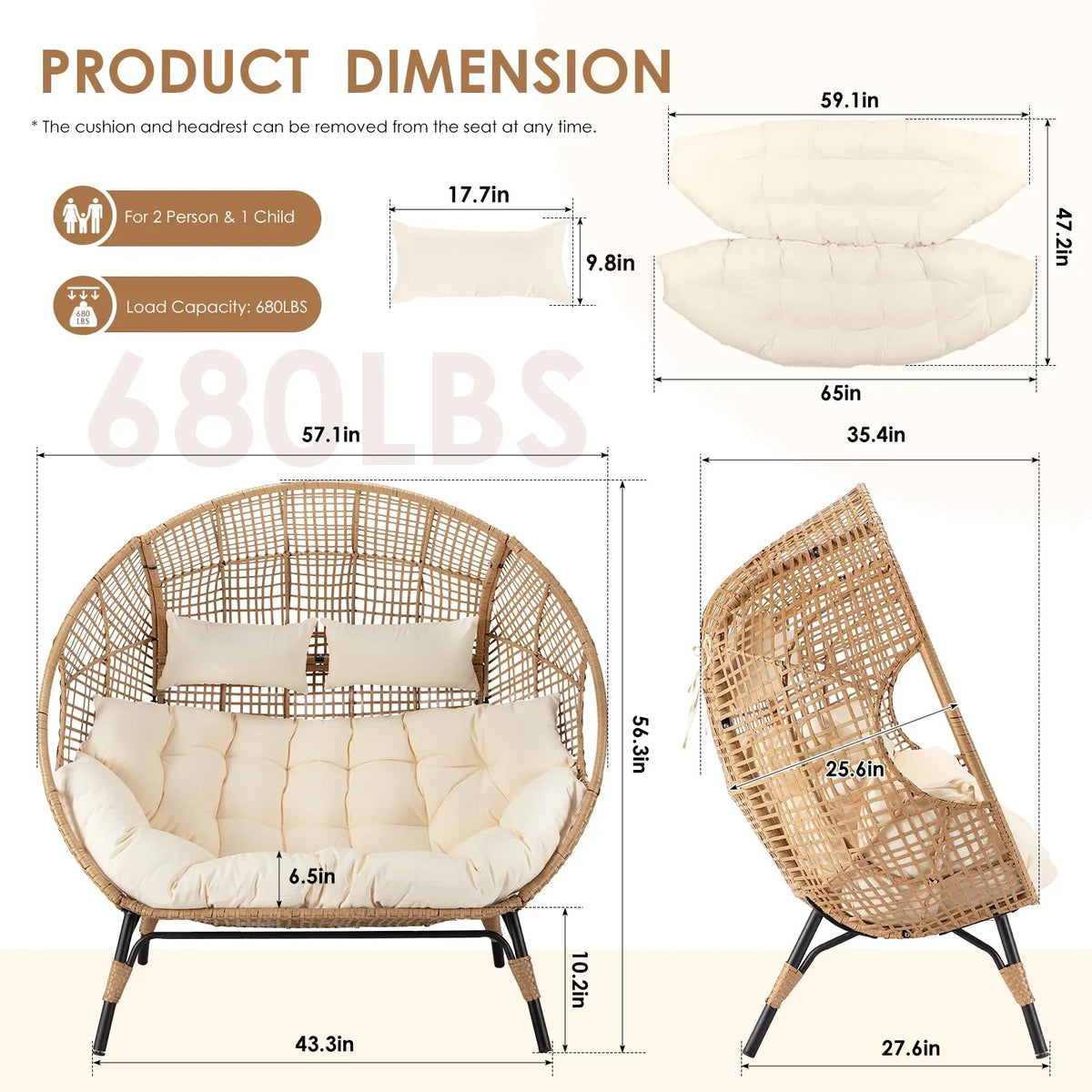 Nouveauté 2026 – Fauteuil double œuf RADIATA pour 2 personnes, canapé deux places surdimensionné en résine tressée avec coussins épais, capacité de 308 kg, fauteuil de jardin/terrasse fixe pour intérieur/extérieur, balcon, jardin, beige