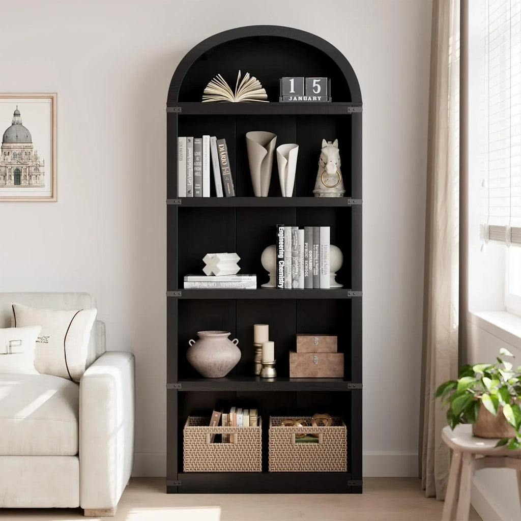 Nouveauté 2026 – Bibliothèque arquée à 5 étagères, 182 cm de haut, style ferme, étagère de rangement en bois pour la maison, le bureau ou le salon (blanche