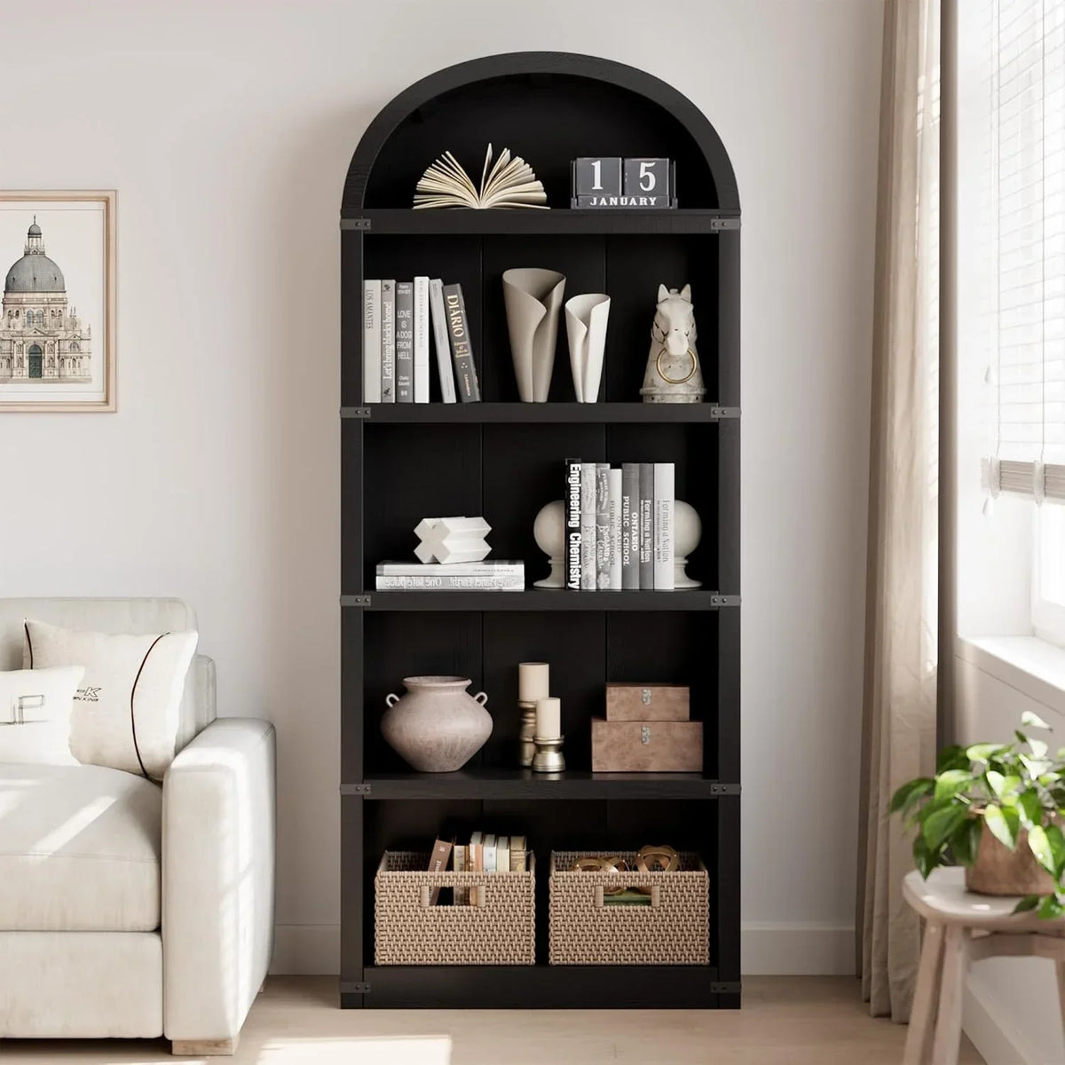 Nouveauté 2026 – Bibliothèque arquée à 5 étagères, 182 cm de haut, style ferme, étagère de rangement en bois pour la maison, le bureau ou le salon (blanche