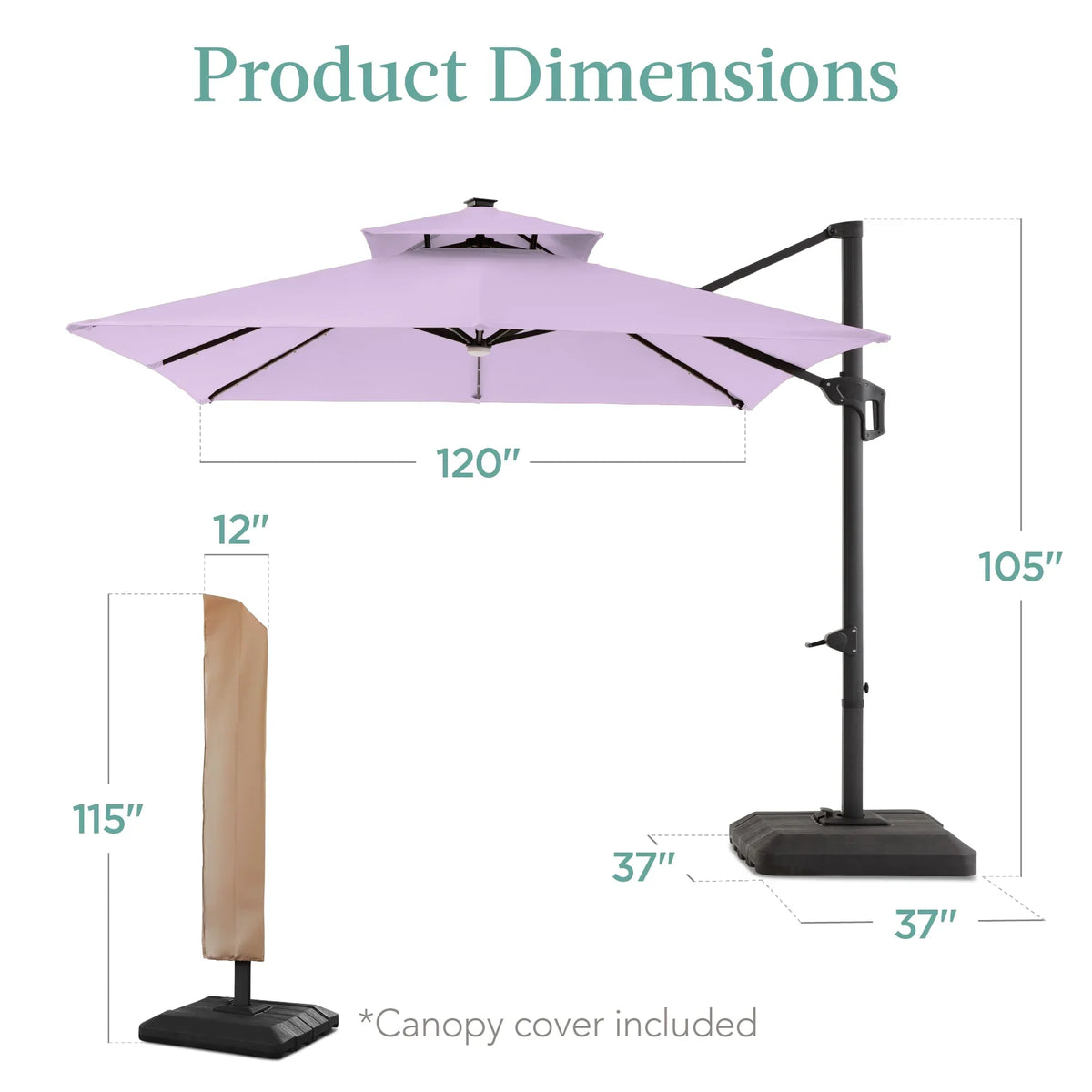 Nouveauté 2026 – Parasol de terrasse carré déporté à deux niveaux, 3 x 3 m, à éclairage solaire LED, avec base incluse (Best Choice Products, ) - Beige
