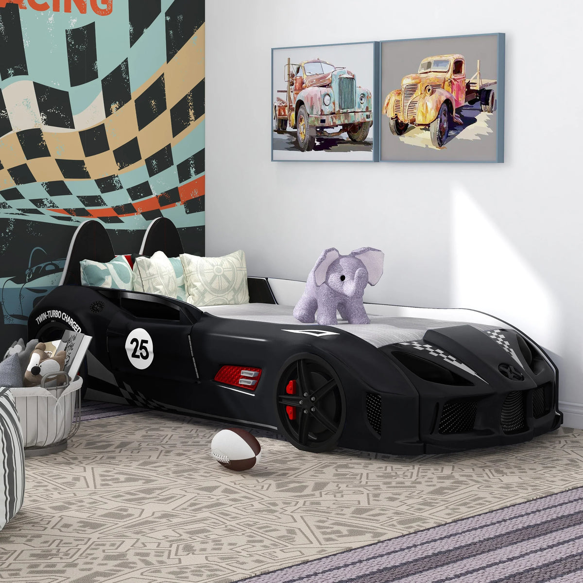 Nouveauté 2026 – Lit double en plastique pour enfants Dash Kids, motif voiture de course, avec LED et son, blanc, Furniture of America