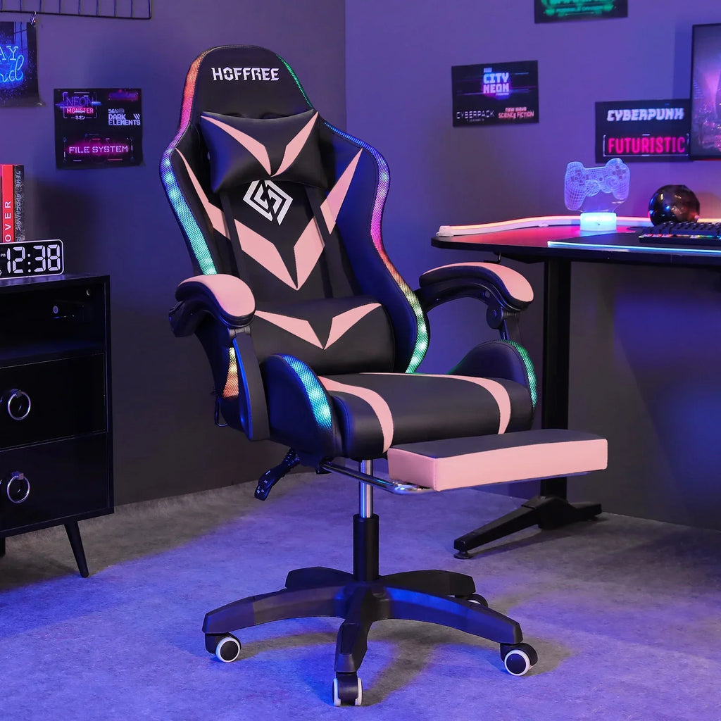 Nouveauté 2026 – Fauteuil de jeu Hoffree avec haut-parleurs intégrés, en cuir PU, repose-pieds et éclairage LED. Fauteuil ergonomique pour gamer avec massage, soutien lombaire et appui-tête pivotant et réglable. Idéal pour le télétravail et le bureau