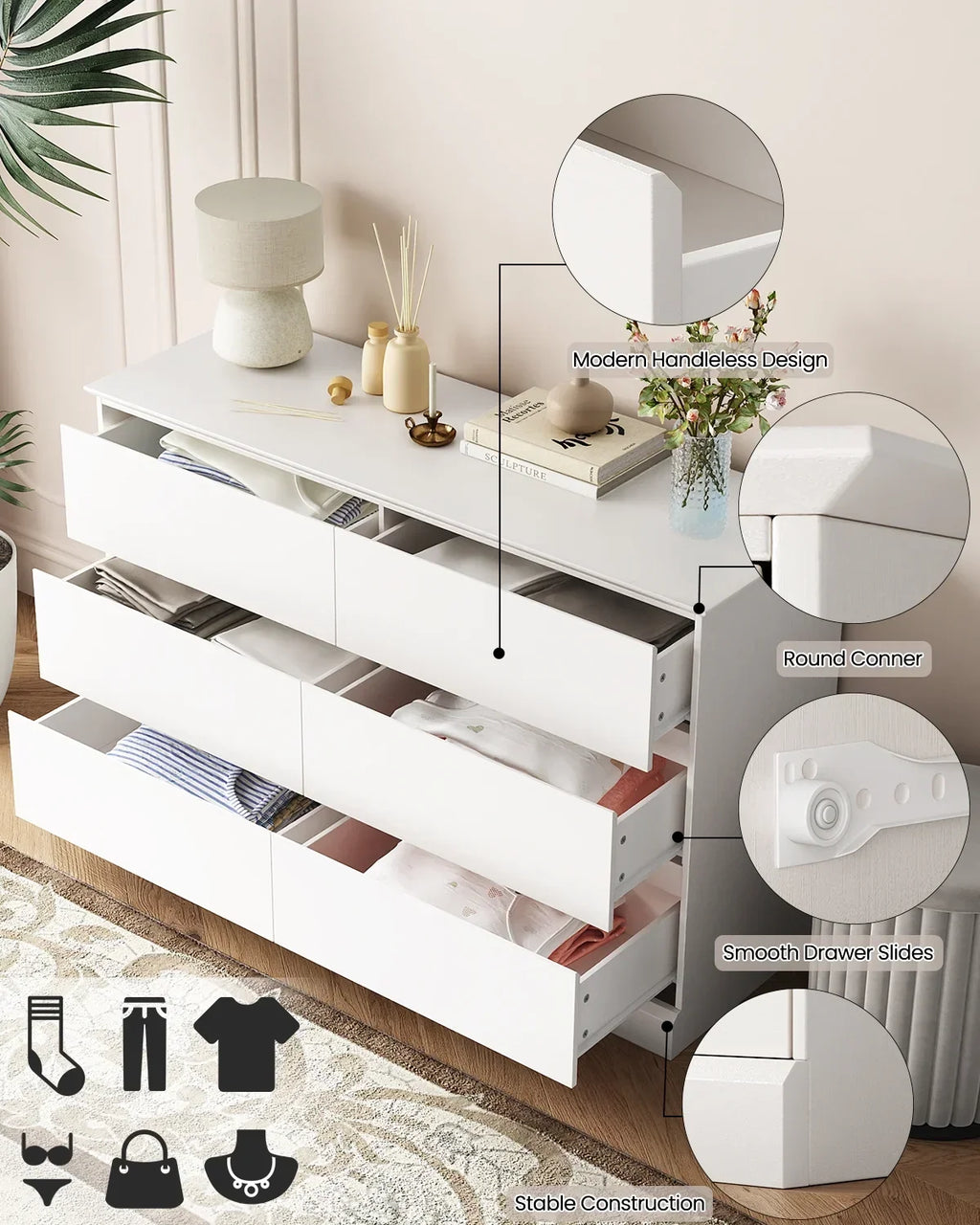 Nouveauté 2026 – Commode blanche neuve , commode à 6 tiroirs, meuble de rangement double, meuble d'appoint pour chambre ou salon