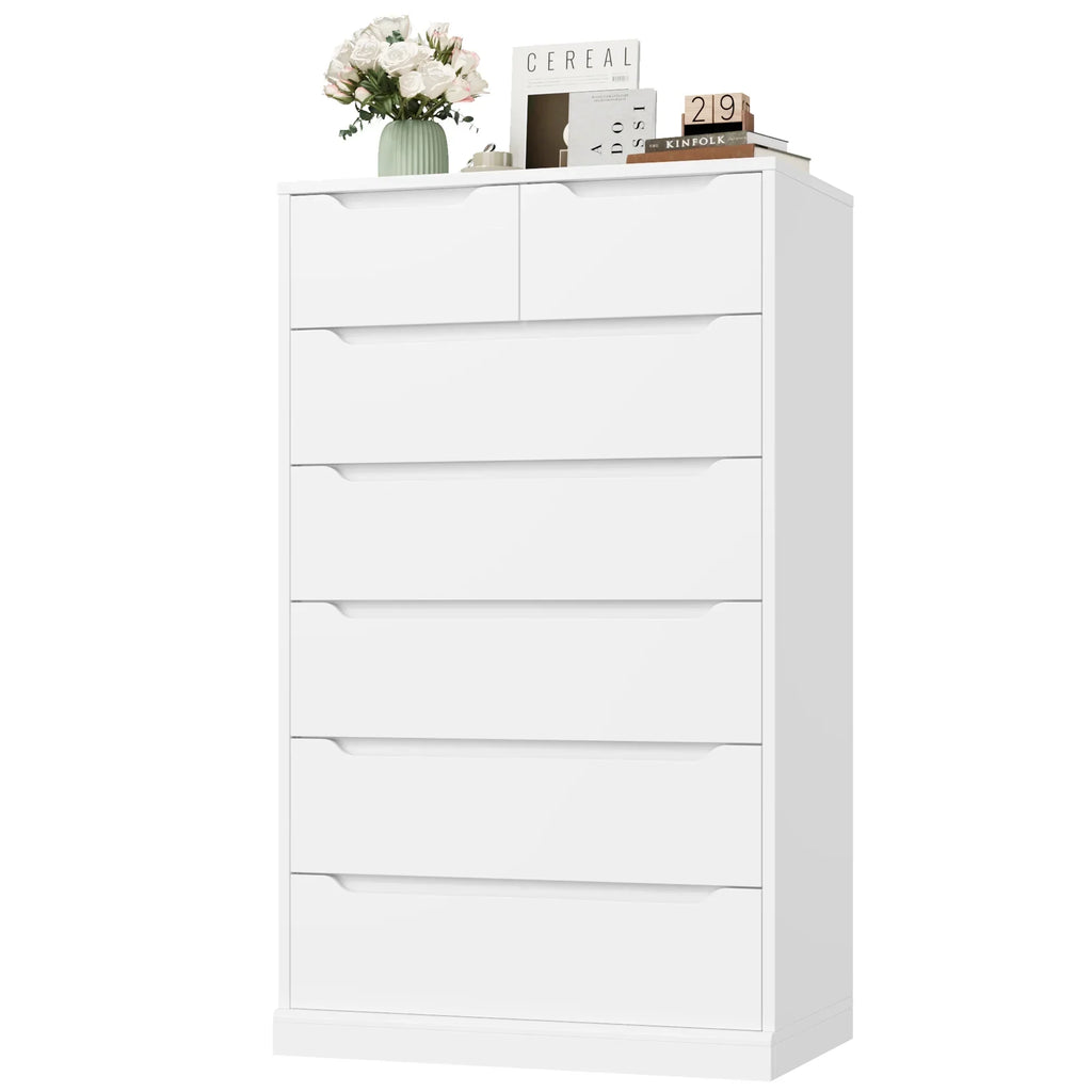 Nouveauté 2026 – Commode blanche Homfa 7 tiroirs, 130 cm de hauteur, meuble de rangement en bois avec base stable améliorée, commode verticale pour chambre ou salon