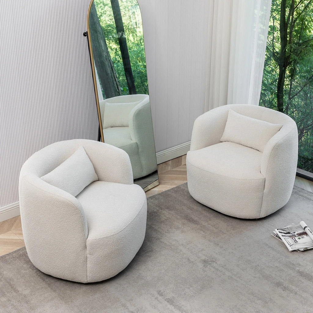 Nouveauté 2026 – Fauteuil pivotant rond 34" en bouclette de 86 cm de large, sans assemblage, avec coussin décoratif, idéal pour le salon et la chambre, couleur taupe