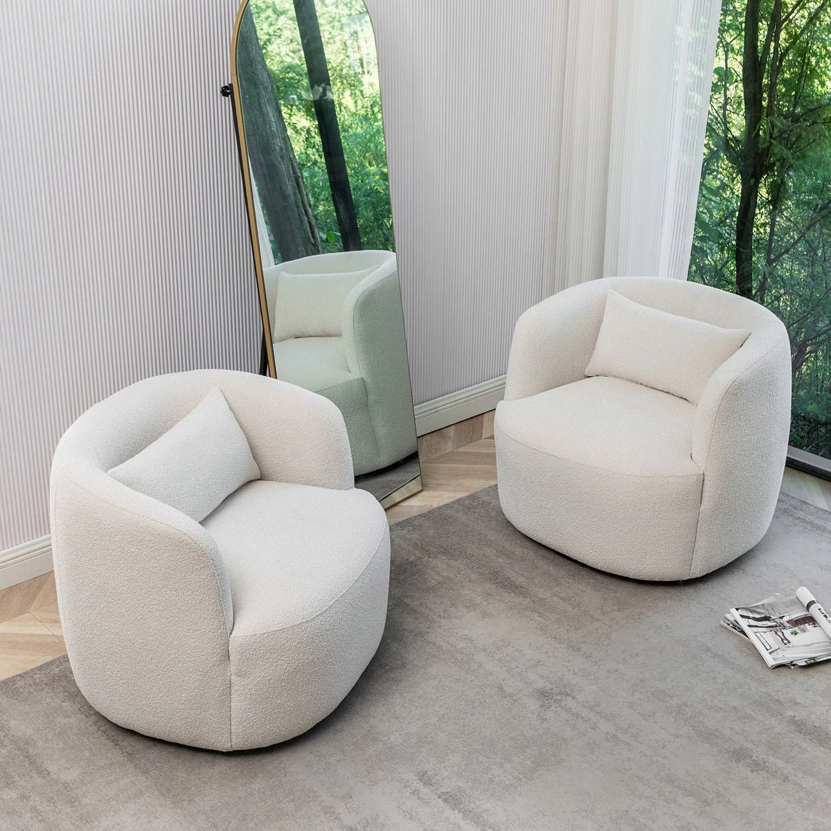 Nouveauté 2026 – Fauteuil pivotant rond 34" en bouclette de 86 cm de large, sans assemblage, avec coussin décoratif, idéal pour le salon et la chambre, couleur taupe