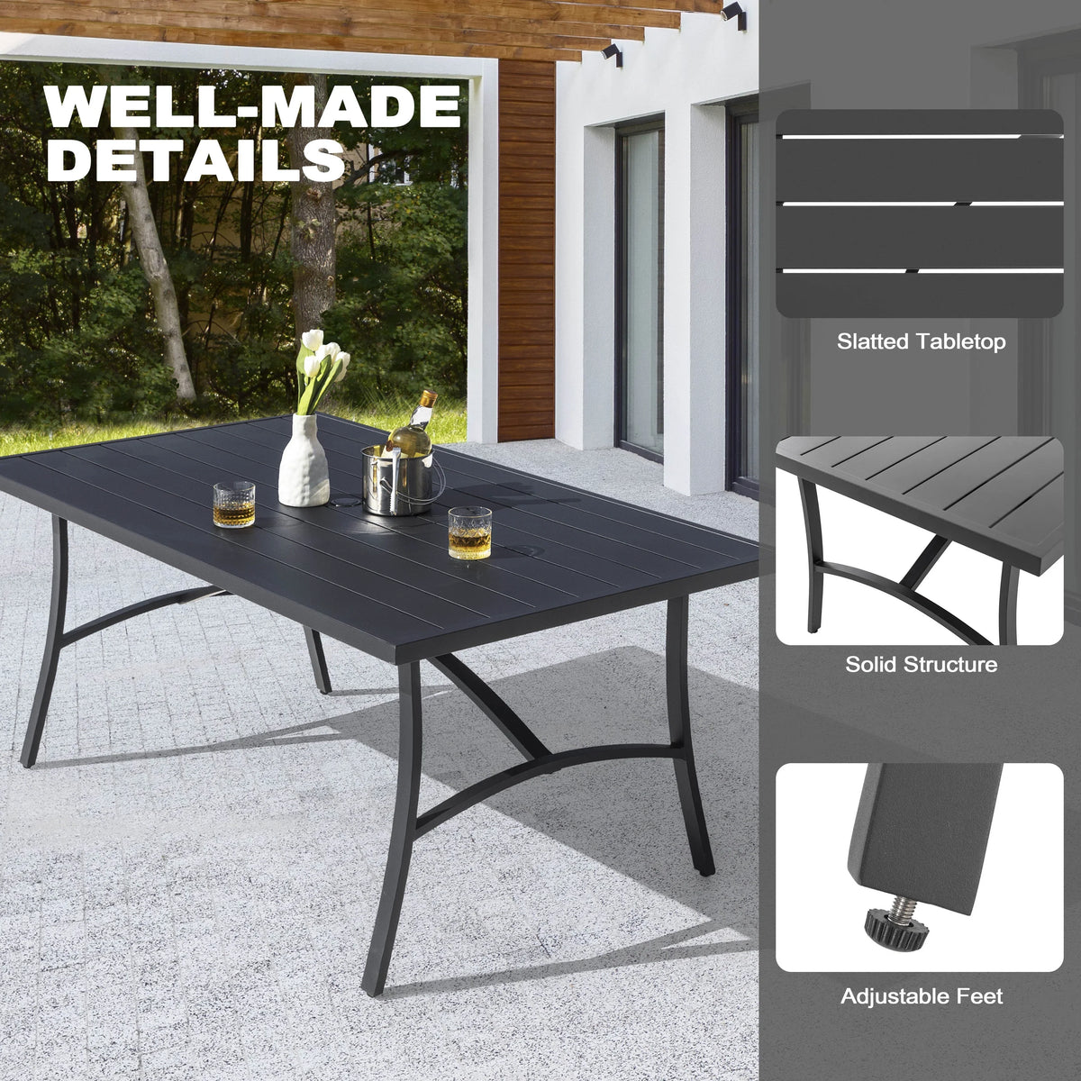 Nouveauté 2026 – Ensemble de salle à manger d'extérieur 7 pièces Nuu Garden , en aluminium résistant à la rouille, comprenant 6 chaises en textilène et une table rectangulaire avec trou pour parasol, couleur brun grisâtre