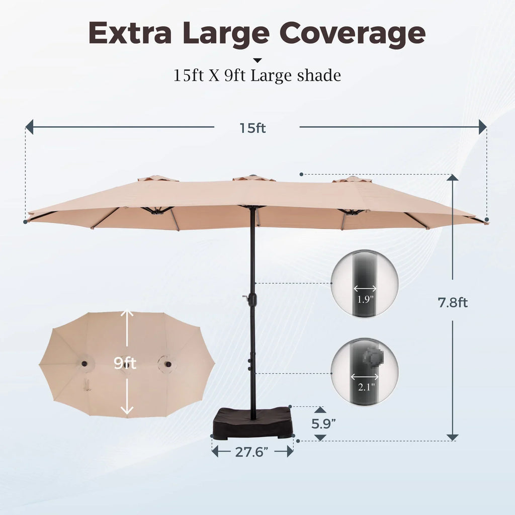 Nouveauté 2026 – Parasol de jardin extra-large Alpha Joy 4,57 m (15 pi) à double face avec manivelle et base - Gris fumé