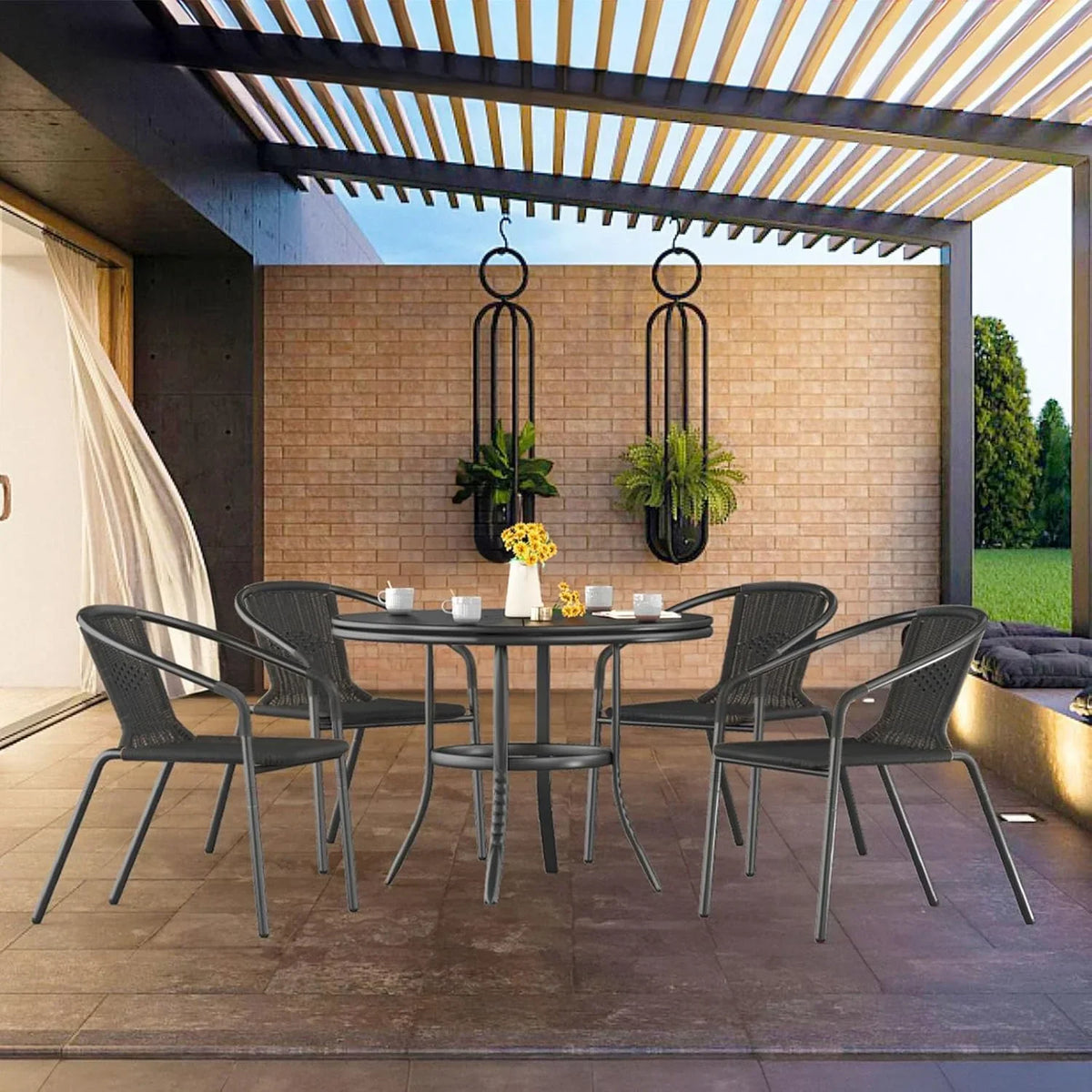 Nouveauté 2026 – Ensemble de 6 chaises de jardin ELPOSUN , chaises de patio en osier avec structure en métal, chaises empilables en rotin pour bistro, terrasse, jardin, porche, restaurant (noir