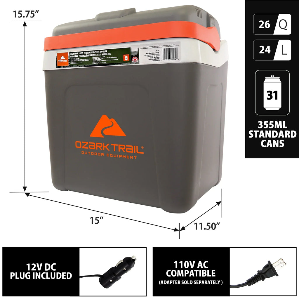 Nouveauté 2026 – Glacière électrique Ozark Trail 26QT 12V portable pour les voyages, la plage, le camping et les pique-niques, isotherme, 30 canettes, sans glace, 24 L, grise