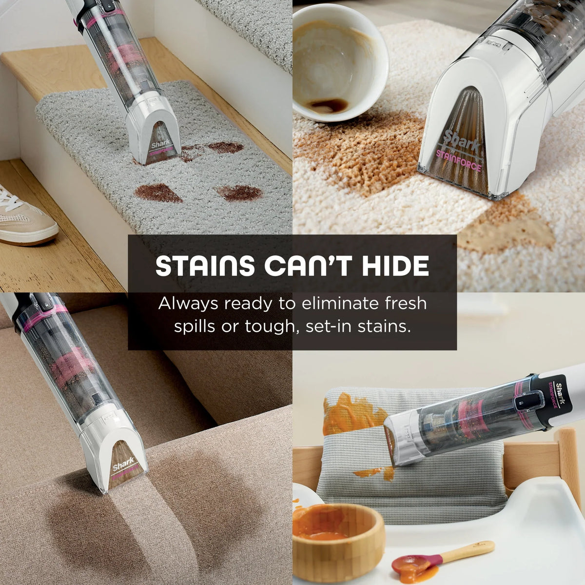 Nouveauté 2026 – Système portable sans fil Shark StainForce pour éliminer les taches et les odeurs sur les tapis, moquettes, tissus d'ameublement, escaliers et voitures, avec panier de rangement et solution de nettoyage pleine grandeur, blanc, HX100