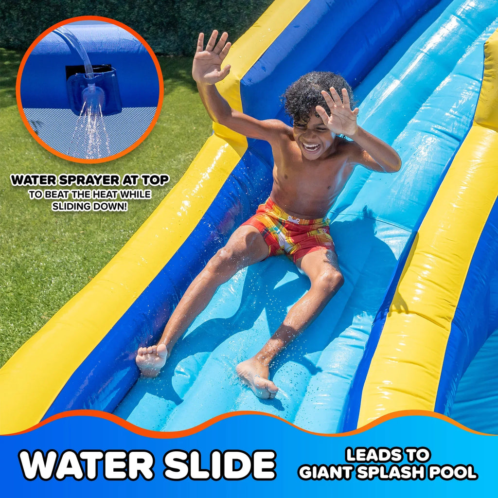 Nouveauté 2026 – Toboggan aquatique gonflable Sportspower® Big Wave II avec mur d'escalade et pataugeoire, 3-8 ans, ultra-résistant, certifié ASTM, garantie à vie sur le souffleur inclus
