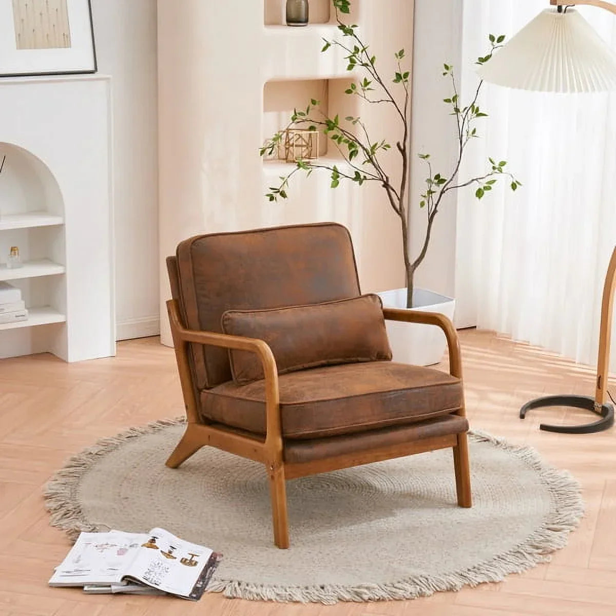 Nouveauté 2026 – Fauteuil de lecture Accent Chairs , fauteuil lounge en lin avec structure en bois massif, style moderne du milieu du siècle, montage facile, pour salon - Beige