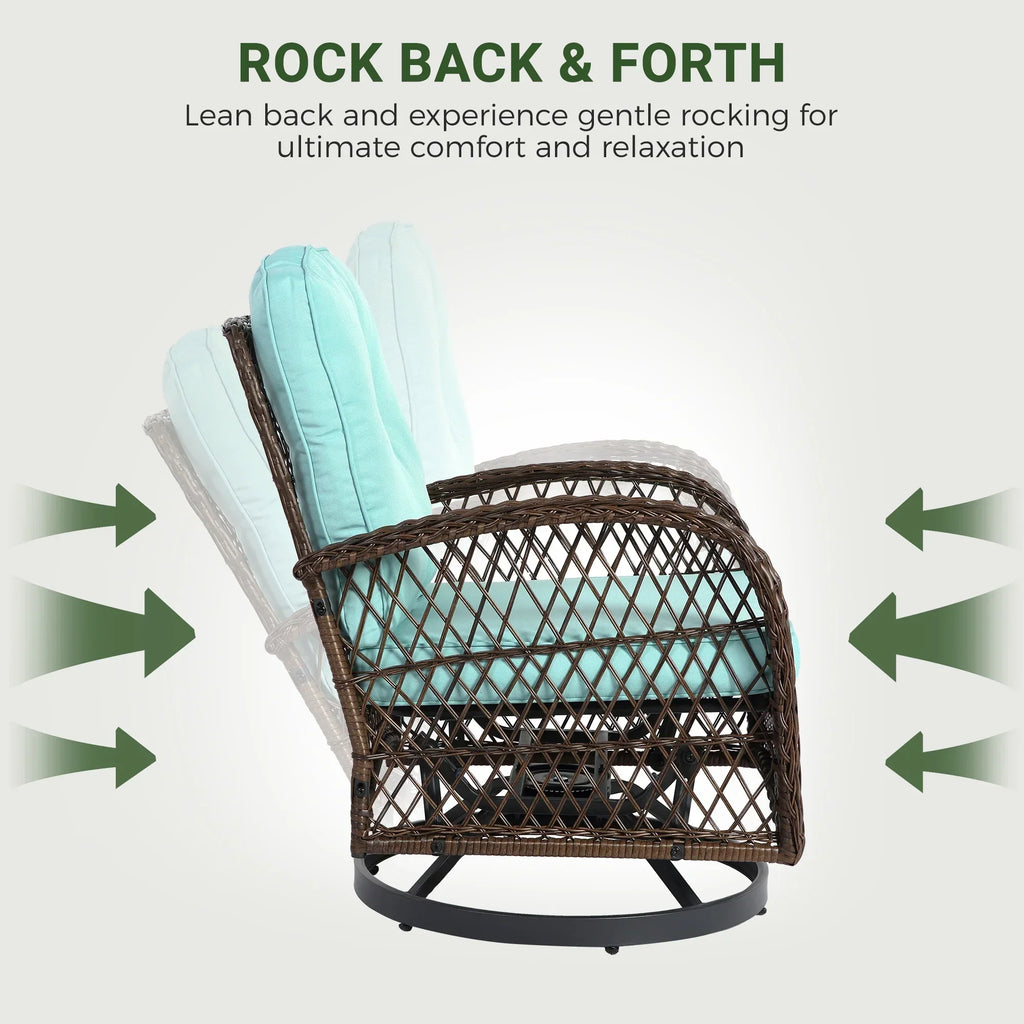 Nouveauté 2026 – Ensemble de 3 fauteuils à bascule pivotants pour patio, 2 fauteuils à bascule pivotants à 360 degrés et 1 table basse en verre, ensemble bistro d'extérieur en rotin PE avec coussins pour balcon, terrasse, piscine, jardin ou véranda