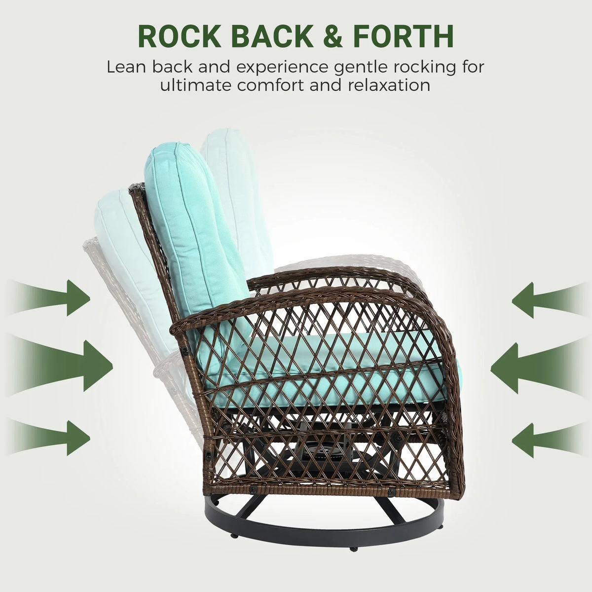 Nouveauté 2026 – Ensemble de 3 fauteuils à bascule pivotants pour patio, 2 fauteuils à bascule pivotants à 360 degrés et 1 table basse en verre, ensemble bistro d'extérieur en rotin PE avec coussins pour balcon, terrasse, piscine, jardin ou véranda