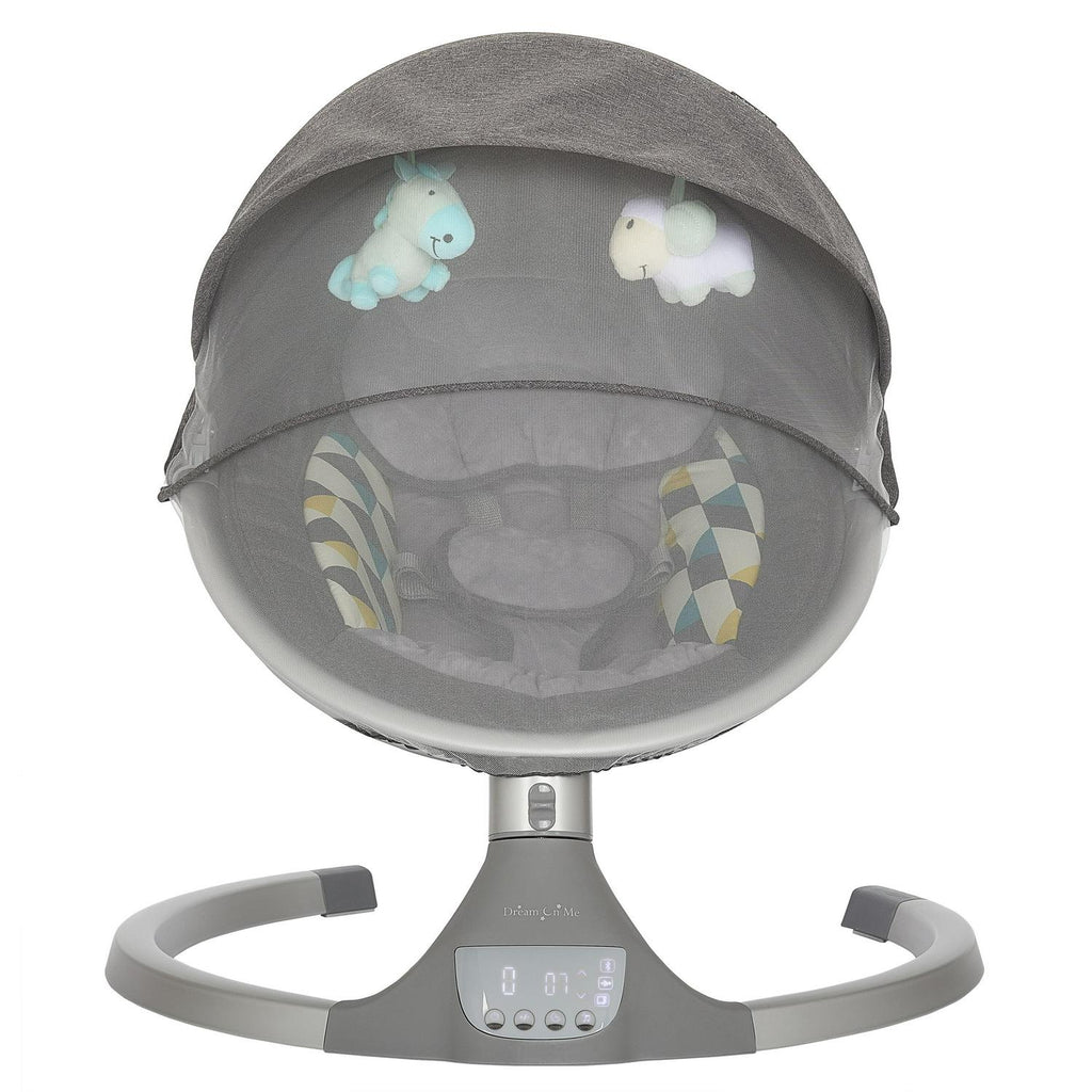Nouveauté 2026 – Balancelle pour bébé Dream On Me Zazu . Balancelle pour nourrisson. 5 vitesses de balancement. Deux jouets intégrés. Connectivité Bluetooth et télécommande. Gris et bleu