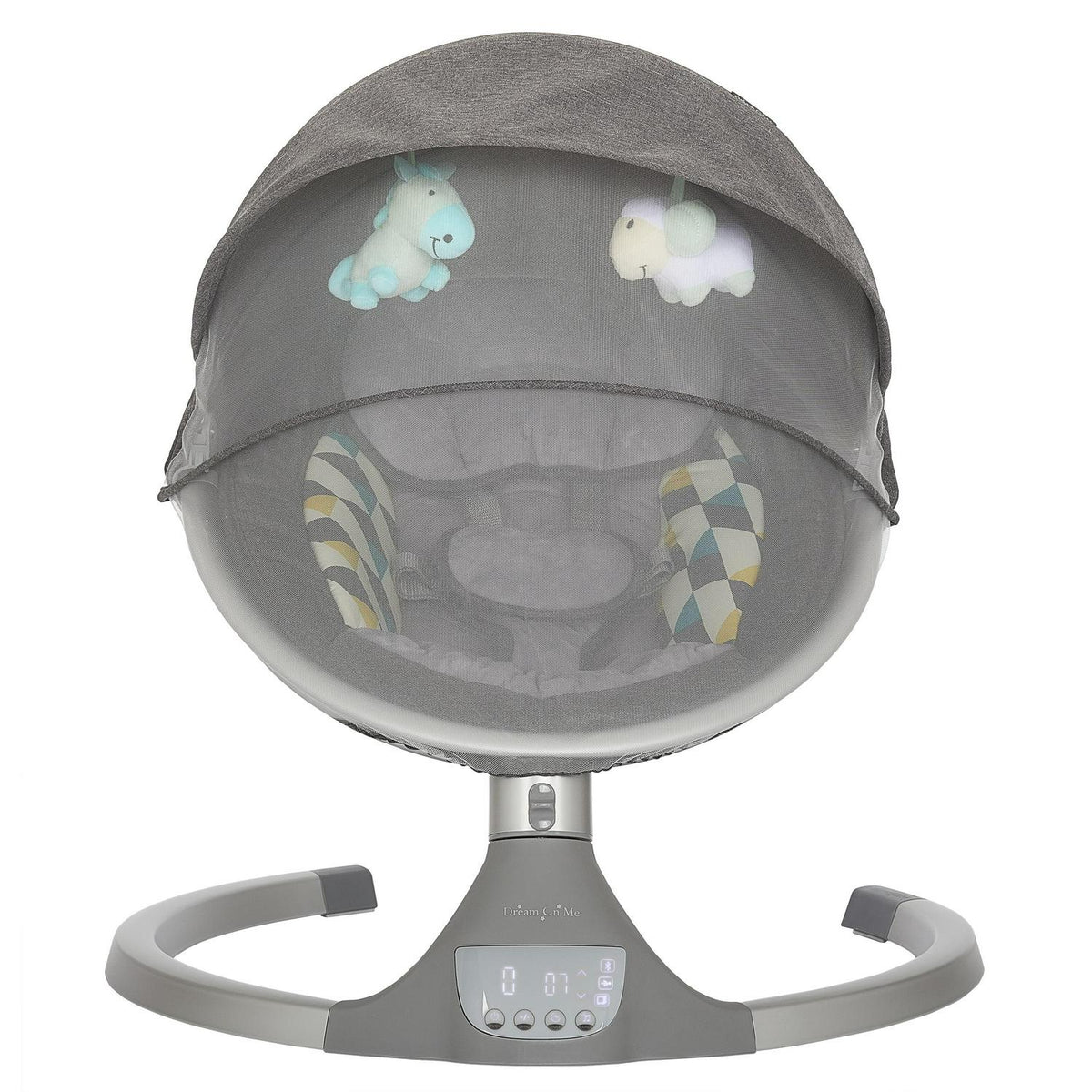 Nouveauté 2026 – Balancelle pour bébé Dream On Me Zazu . Balancelle pour nourrisson. 5 vitesses de balancement. Deux jouets intégrés. Connectivité Bluetooth et télécommande. Gris et bleu