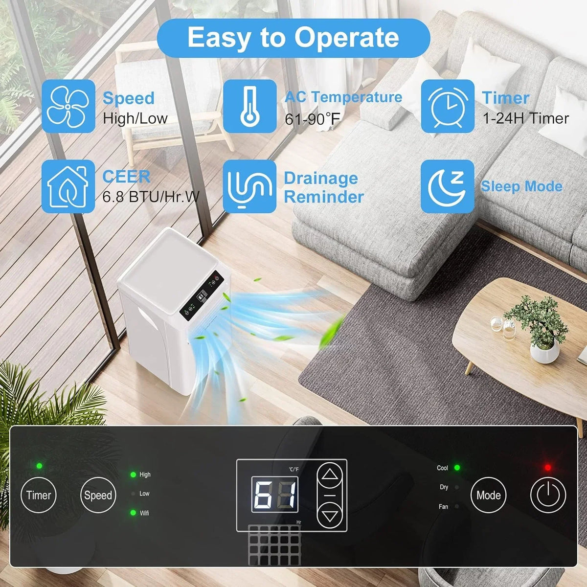 Nouveauté 2026 – Climatiseur portable 3 en 1 (10 000 BTU) avec télécommande Wi-Fi intelligente, déshumidificateur et ventilateur