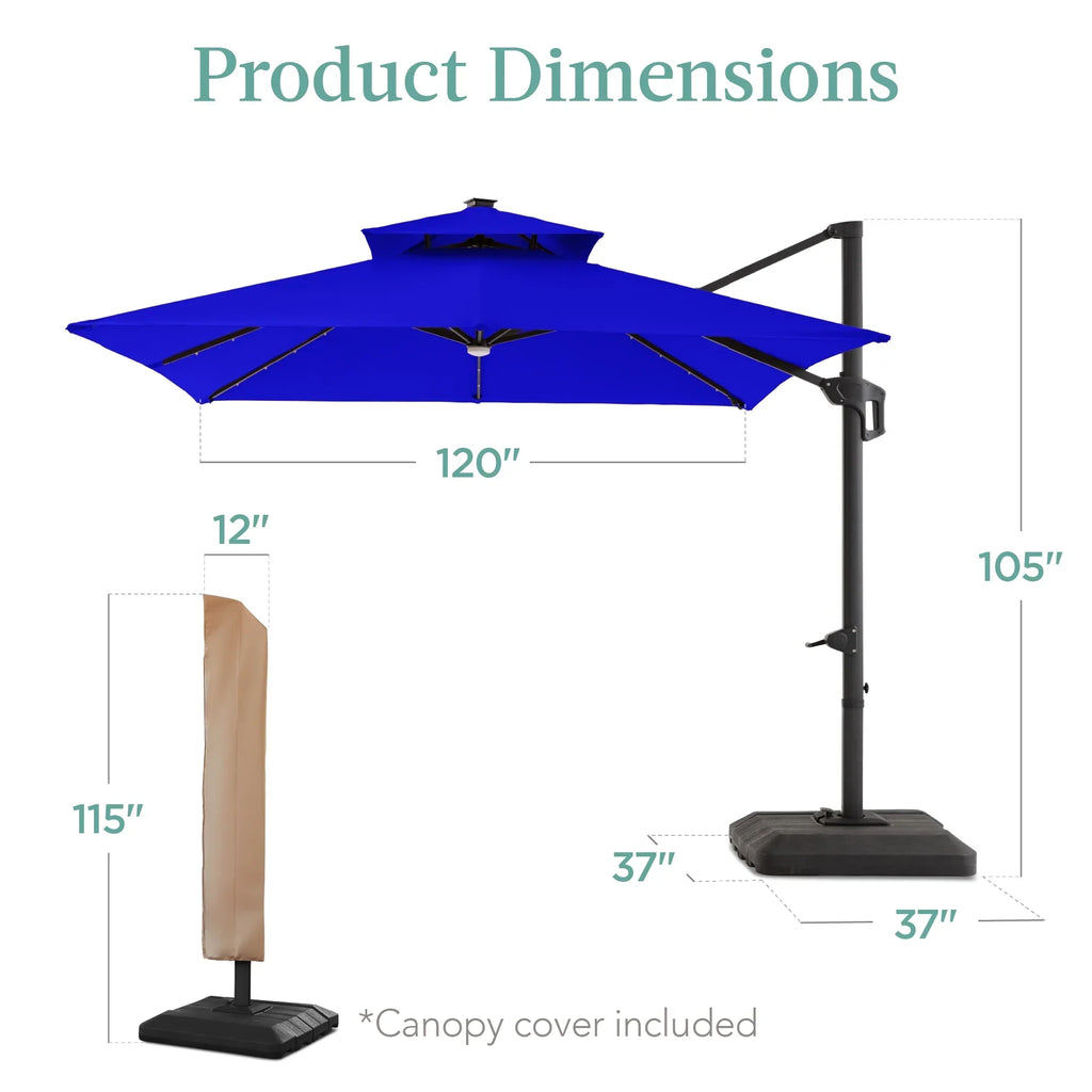 Nouveauté 2026 – Parasol de terrasse carré déporté à deux niveaux, 3 x 3 m, à éclairage solaire LED, avec base incluse (Best Choice Products, ) - Beige