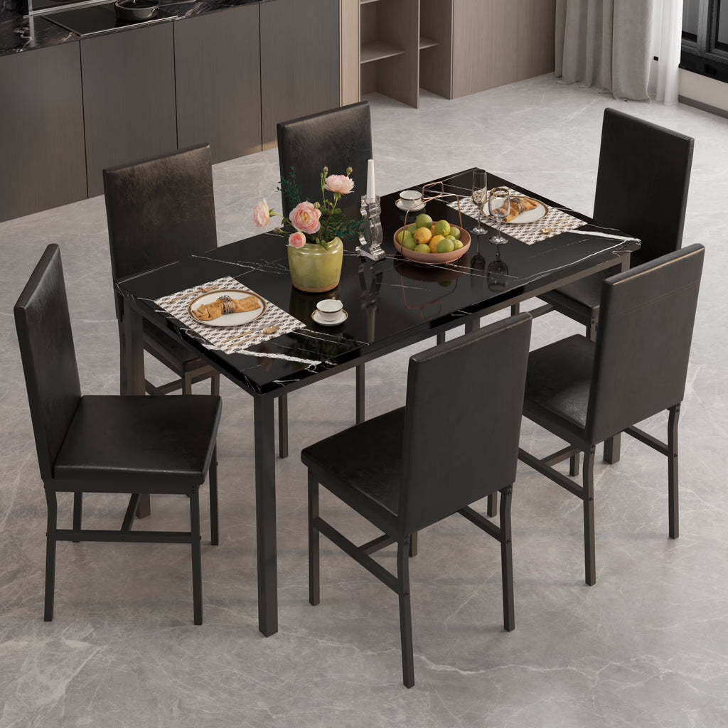 Nouveauté 2026 – Ensemble de salle à manger moderne avec table et 6 chaises rembourrées à dossier haut, idéal pour 6 personnes, petit espace cuisine, coin repas ou bar, B1470