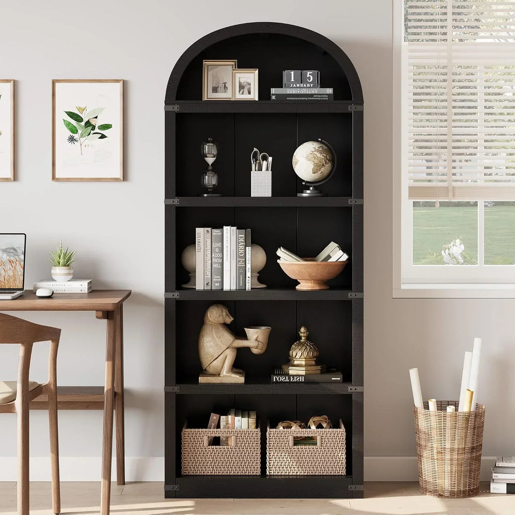 Nouveauté 2026 – Bibliothèque arquée à 5 étagères, 182 cm de haut, style ferme, étagère de rangement en bois pour la maison, le bureau ou le salon (blanche