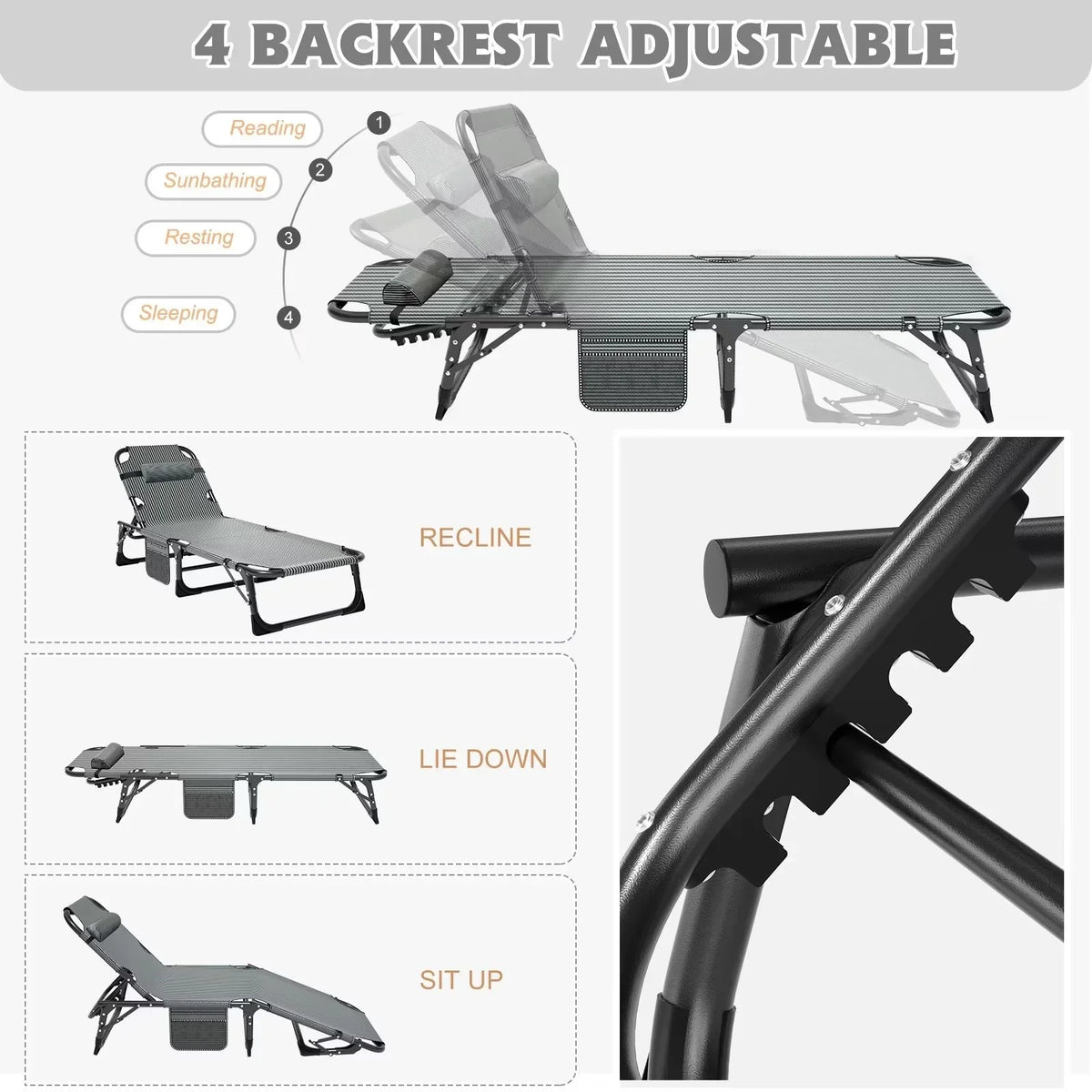 Nouveauté 2026 – Chaise longue MOPHOTO avec matelas, supportant jusqu'à 200 kg, lit de camp portable et robuste, réglable, idéal pour le camping, la piscine, la plage et la terrasse