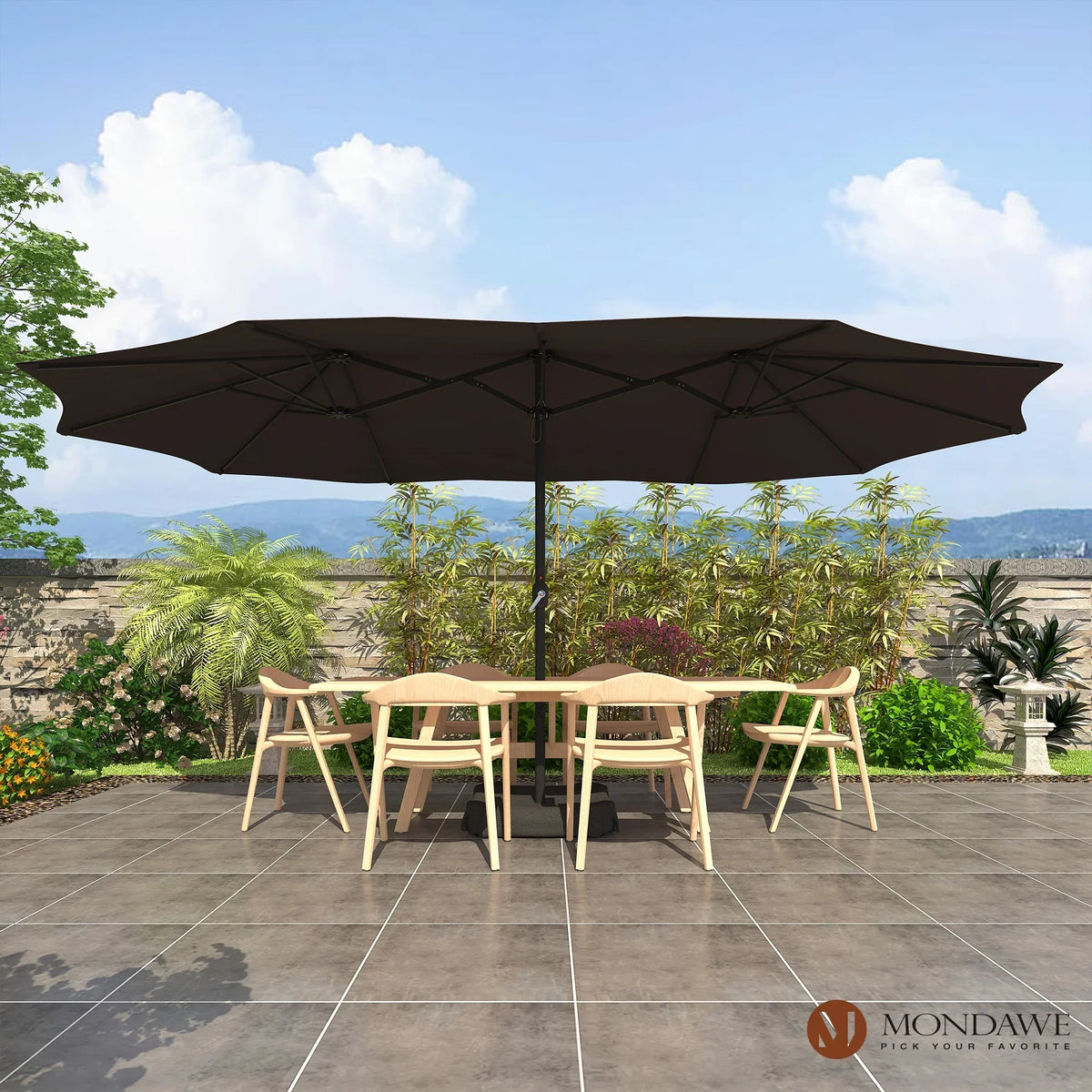 Nouveauté 2026 – Parasol rectangulaire Mondawe 4,57 m (15 pi) avec base et éclairage LED beige