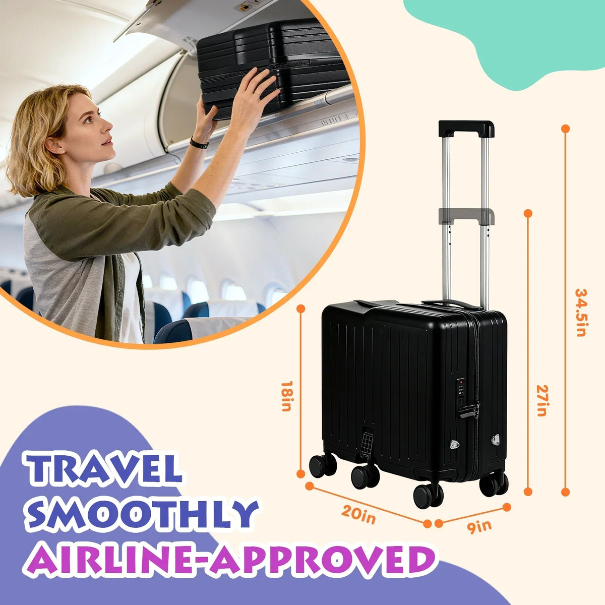 Nouveauté 2026 – Valise à roulettes Advwin pour enfants, avec sangle de traction, repose-pieds, porte-gobelet, 6 roues et poignée réglable, valise pivotante de 45,7 cm (18 pouces) avec autocollants et carte d'embarquement, rose