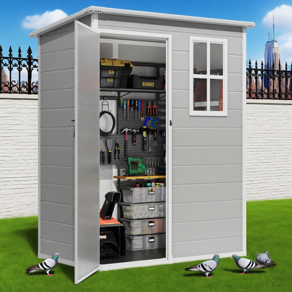 Nouveauté 2026 – Abri de jardin , 1,5 m x 0,9 m, armoire de rangement extérieure Lofka en résine avec double porte verrouillable, abri à outils étanche, gris