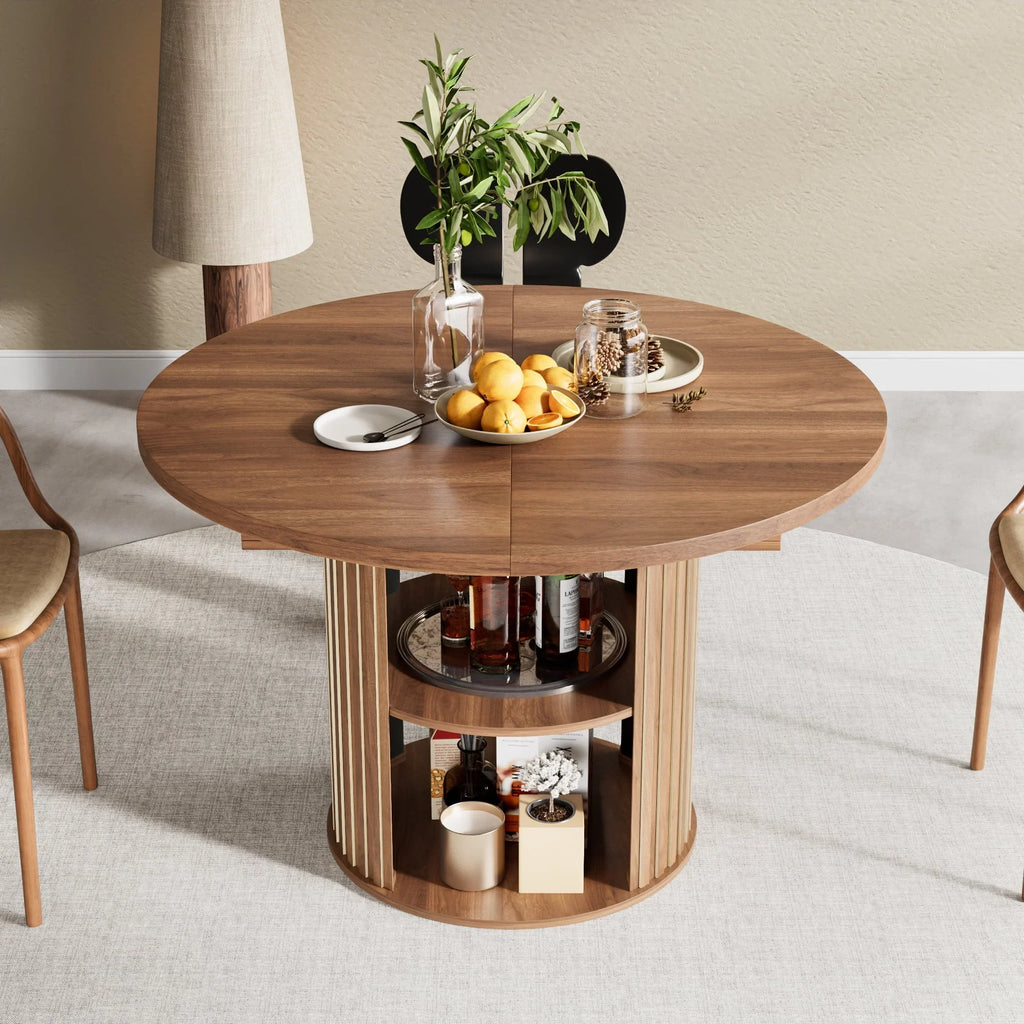 Nouveauté 2026 – Table de salle à manger extensible pour 4 à 6 personnes, table de cuisine ronde avec étagère de rangement, tables de salle à manger ovales pour salon (noyer