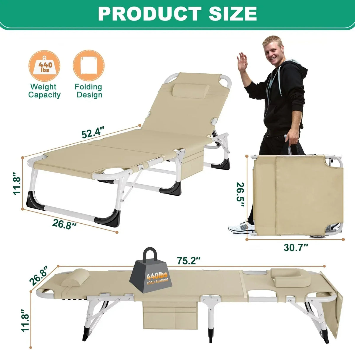 Nouveauté 2026 – Chaise longue MOPHOTO avec matelas, supportant jusqu'à 200 kg, lit de camp portable et robuste, réglable, idéal pour le camping, la piscine, la plage et la terrasse