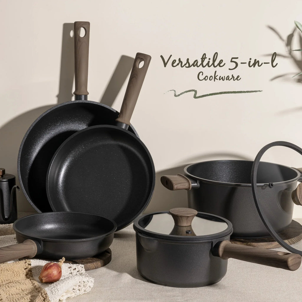 Nouveauté 2026 – Ensemble de 18 pièces Astercook , casseroles et poêles antiadhésives avec élégante poignée en bois, compatible four jusqu'à 250 °C (480 °F), compatible induction, idéal pour les voyages en camping-car, le camping et les pique-niques,