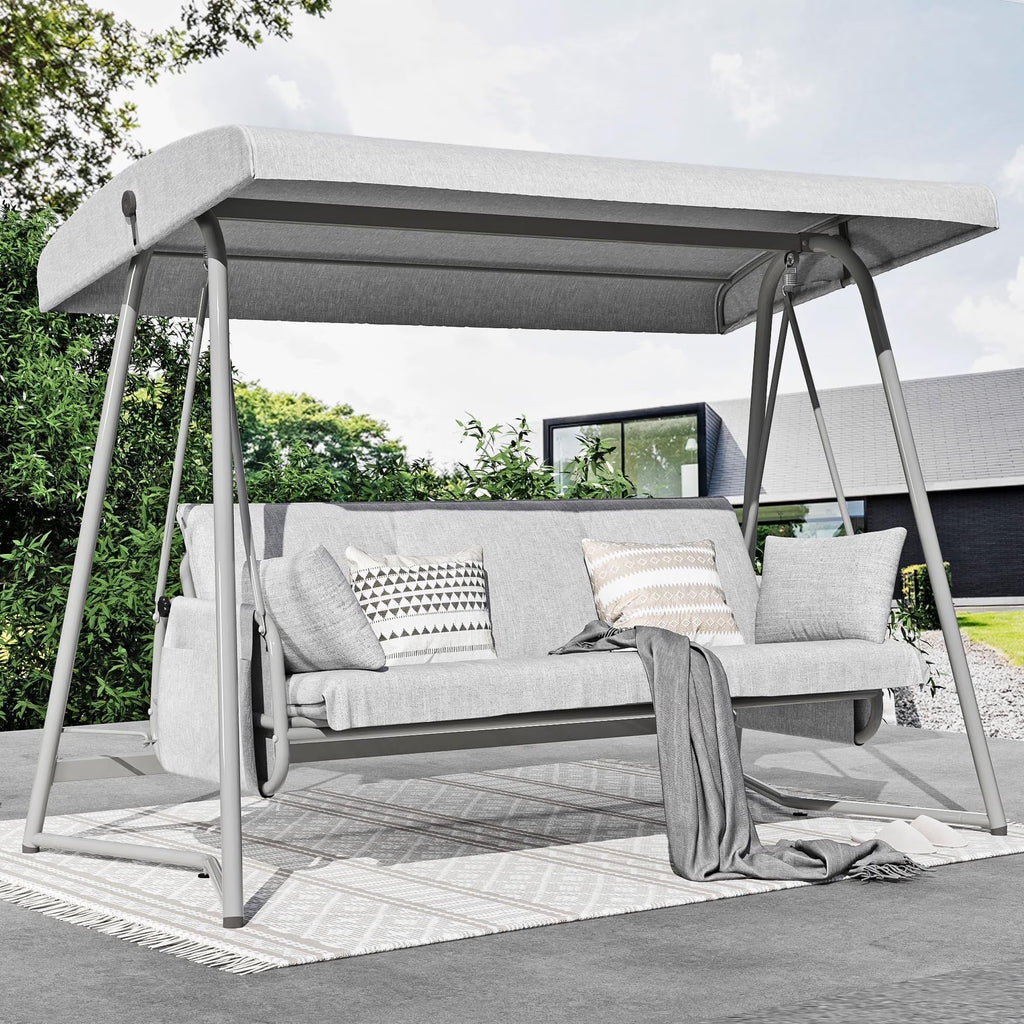 Nouveauté 2026 – Balancelle d'extérieur surdimensionnée 4 places TQKVIPI avec dossier réglable et auvent, convertible en lit suspendu 2 en 1 (capacité de 363 kg), avec coussins amovibles, idéale pour jardin, terrasse, piscine ou balcon