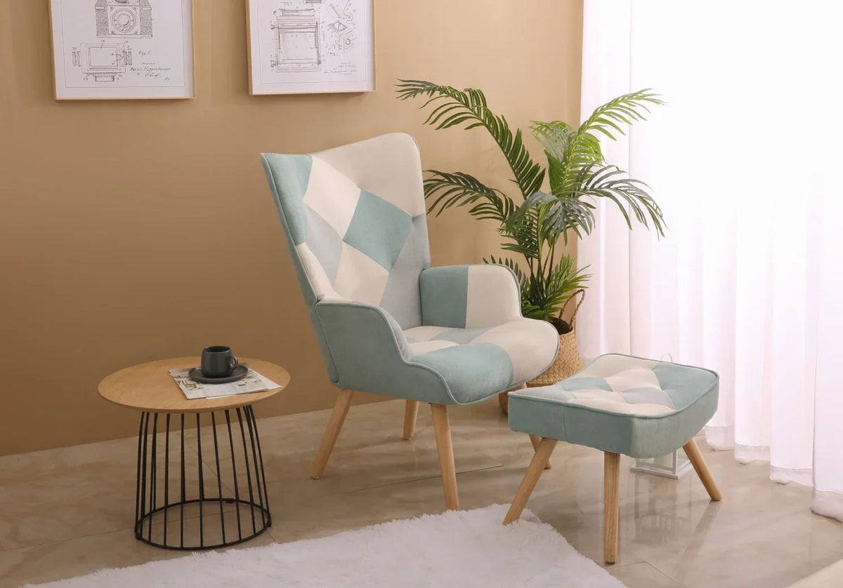 Nouveauté 2026 – Fauteuil d'appoint moderne avec pieds en bois massif et dossier haut à oreilles, ensemble de fauteuil avec repose-pieds, fauteuil confortable pour salon, salle de lecture, chambre, patchwork coloré