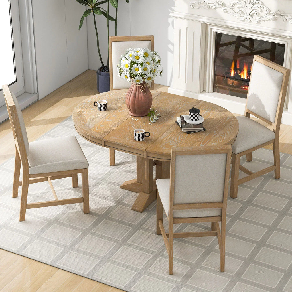 Nouveauté 2026 – Ensemble de salle à manger rond 5 pièces , comprenant une table extensible et 4 chaises rembourrées, en bois, pour 4 personnes. Style campagnard, idéal pour la cuisine, la salle à manger ou un appartement. Couleur : marron
