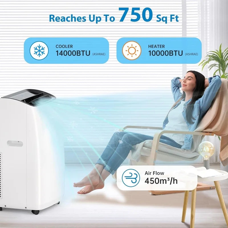 Nouveauté 2026 – Climatiseur portable , 14 000 BTU, idéal pour les pièces jusqu'à 70 m², avec chauffage, mode nuit, déshumidificateur, ventilateur, télécommande, minuterie 24 h, installation facile pour les chambres, finition noire