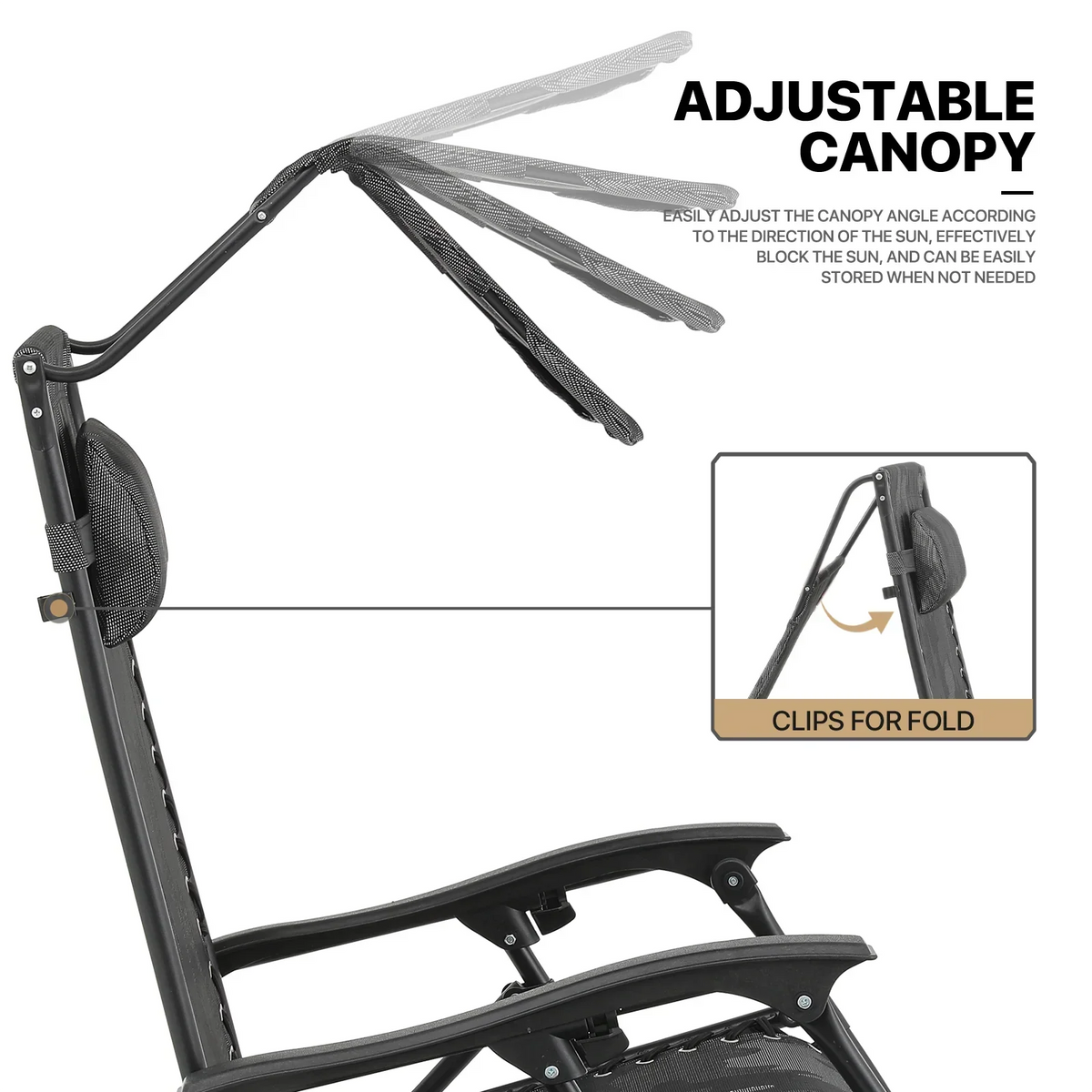 Nouveauté 2026 – Ensemble de 2 chaises MoNiBloom Zero Gravity , fauteuils de plage/terrasse pliables avec auvent et appui-tête, noirs