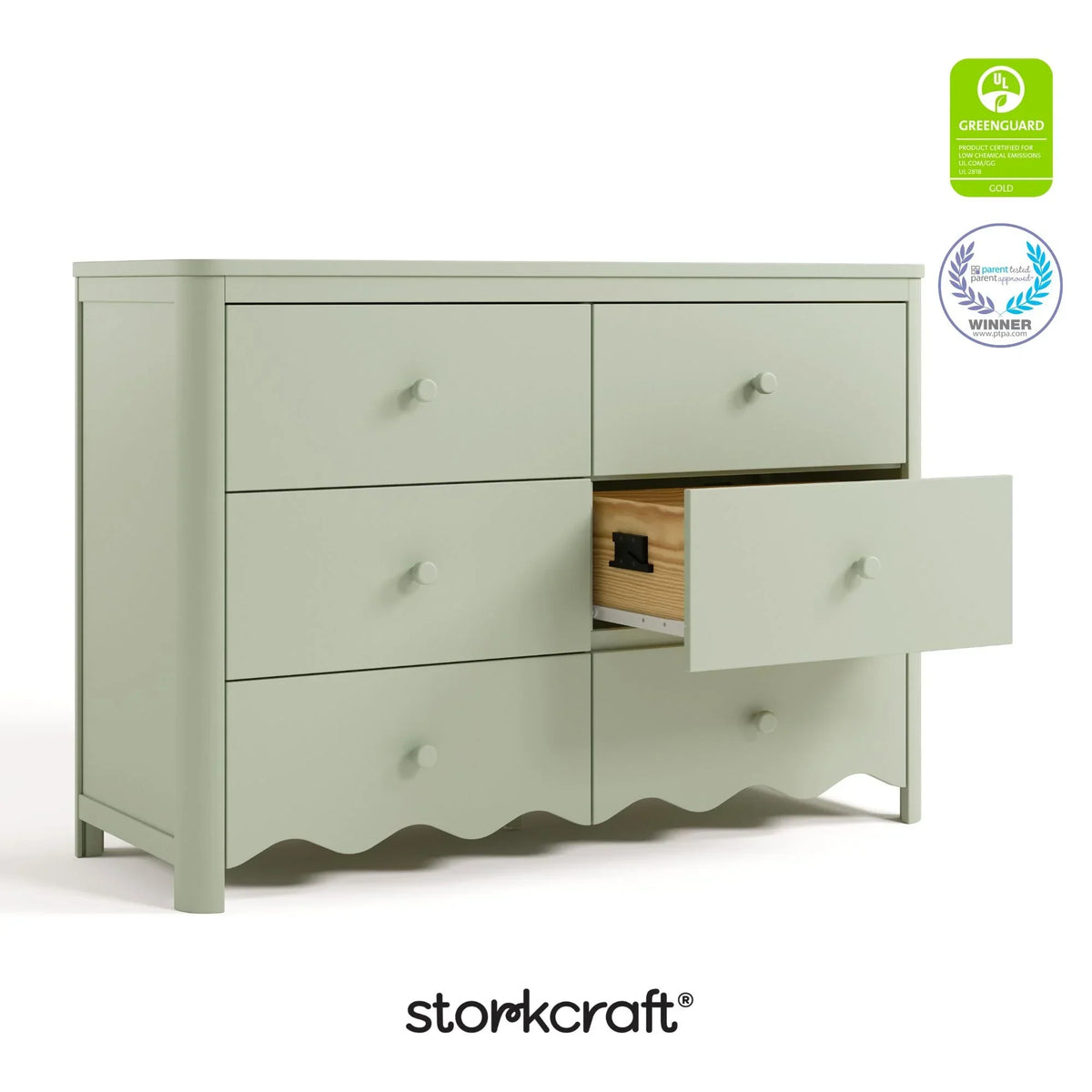 Nouveauté 2026 – Commode pour chambre d'enfant Storkcraft Casablanca 6 tiroirs, couleur sauge