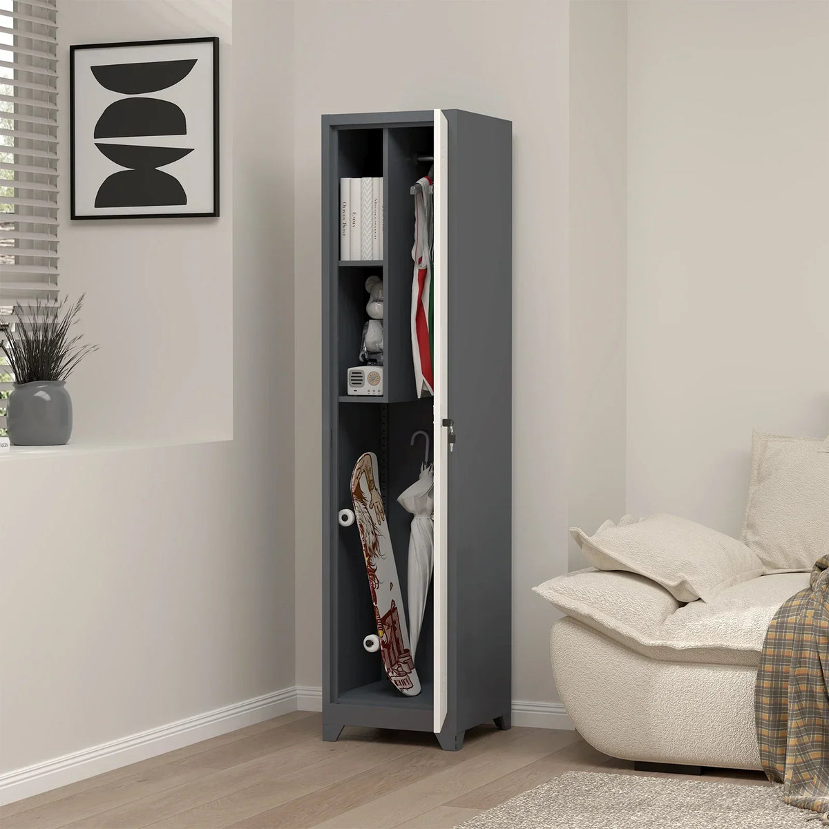 Nouveauté 2026 – Armoire à balais Marcree Slim , armoire métallique avec étagères et tringle de suspension, armoire de rangement utilitaire de 165 cm avec porte verrouillable, armoire de rangement haute pour produits de nettoyage, idéale pour la cuis