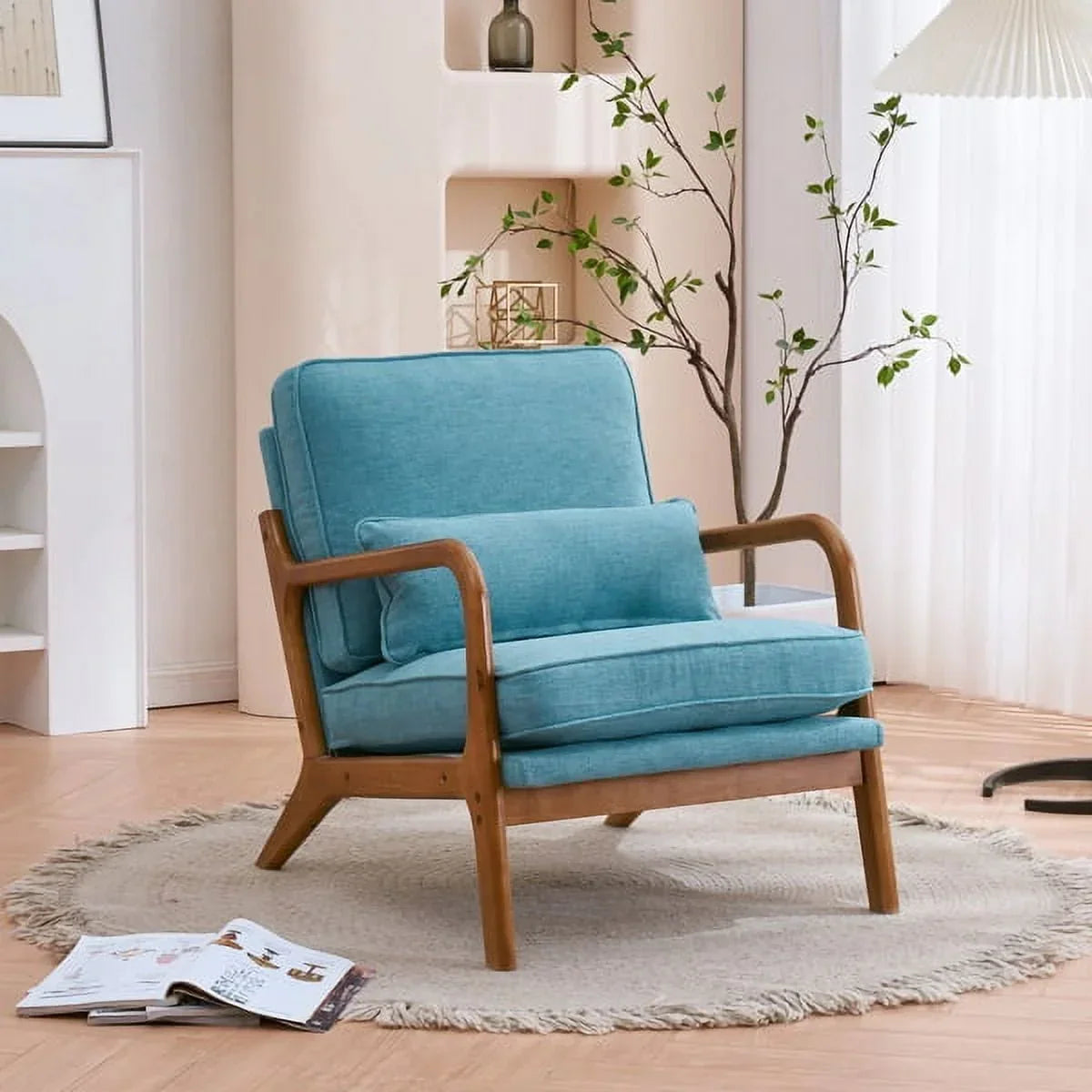 Nouveauté 2026 – Fauteuil de lecture Accent Chairs , fauteuil lounge en lin avec structure en bois massif, style moderne du milieu du siècle, montage facile, pour salon - Beige