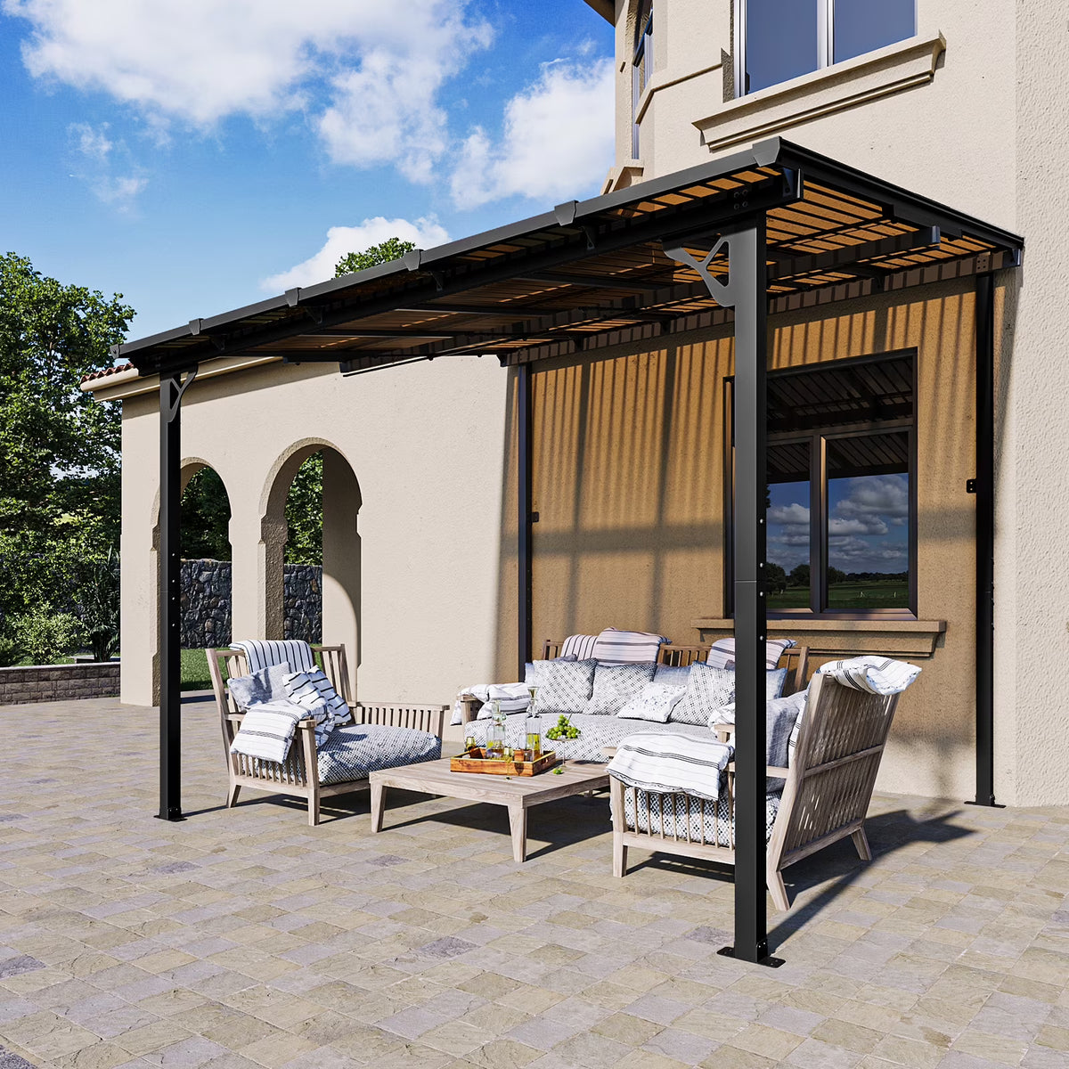Nouveauté 2026 – Gazebo Aoxun de 2,4 m x 1,5 m pour patio, pergola avec toit incliné, grand auvent mural robuste pour barbecue, idéal pour jardin, terrasse ou patio