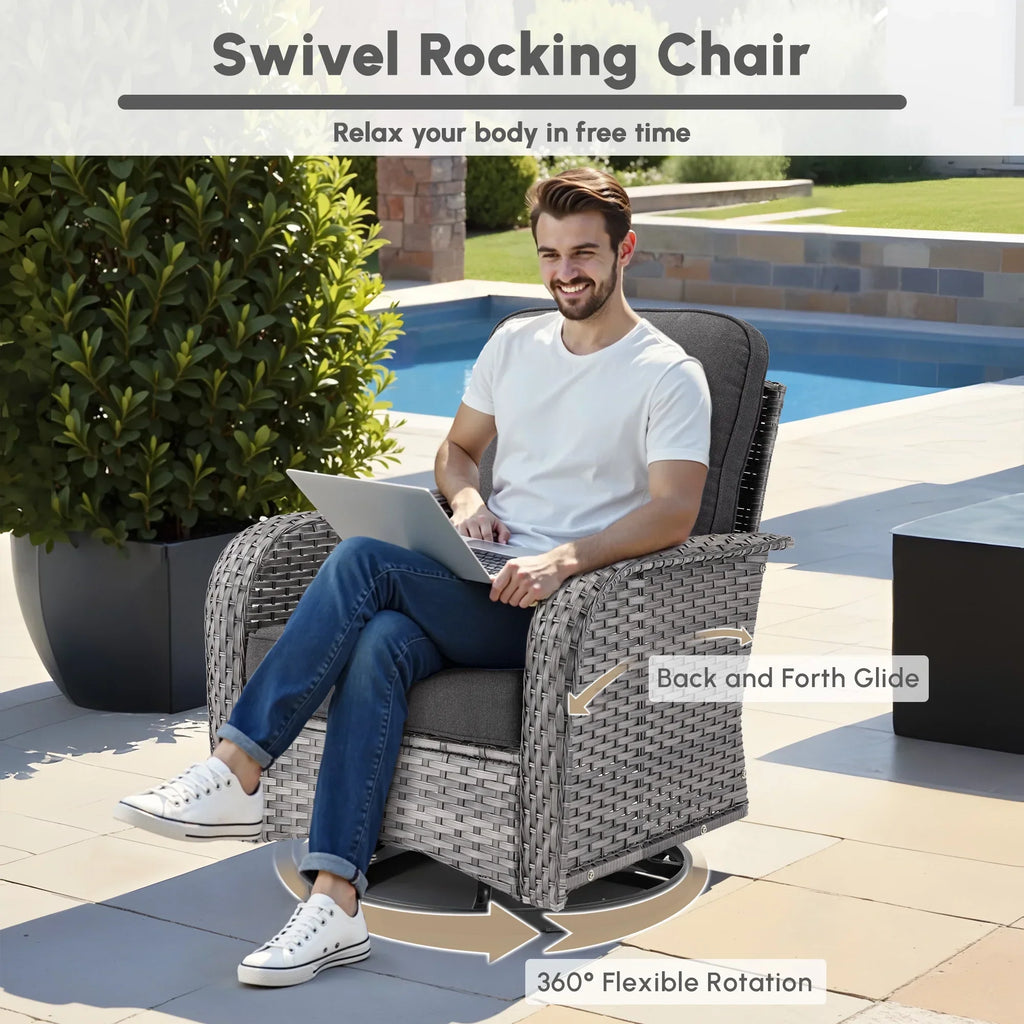 Nouveauté 2026 – Ensemble de mobilier de jardin 5 pièces Ovios , comprenant fauteuils pivotants et table basse, en résine tressée résistante aux intempéries, gris foncé