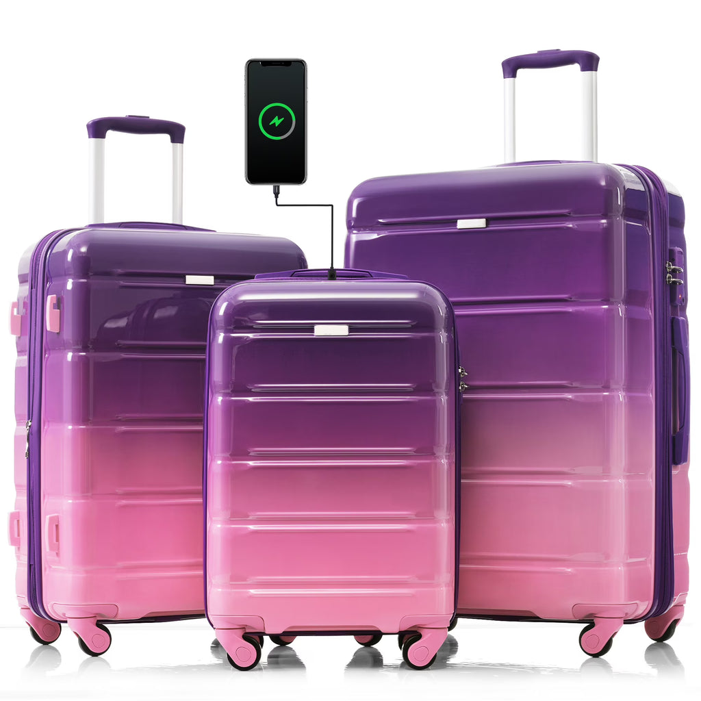 Nouveauté 2026 – Ensemble de 3 valises PAPROOS (51/61/71 cm), valise rigide légère avec port USB et crochets latéraux, bagage de voyage avec serrure TSA, valise à roulettes rigide pour l'école et les voyages, rose