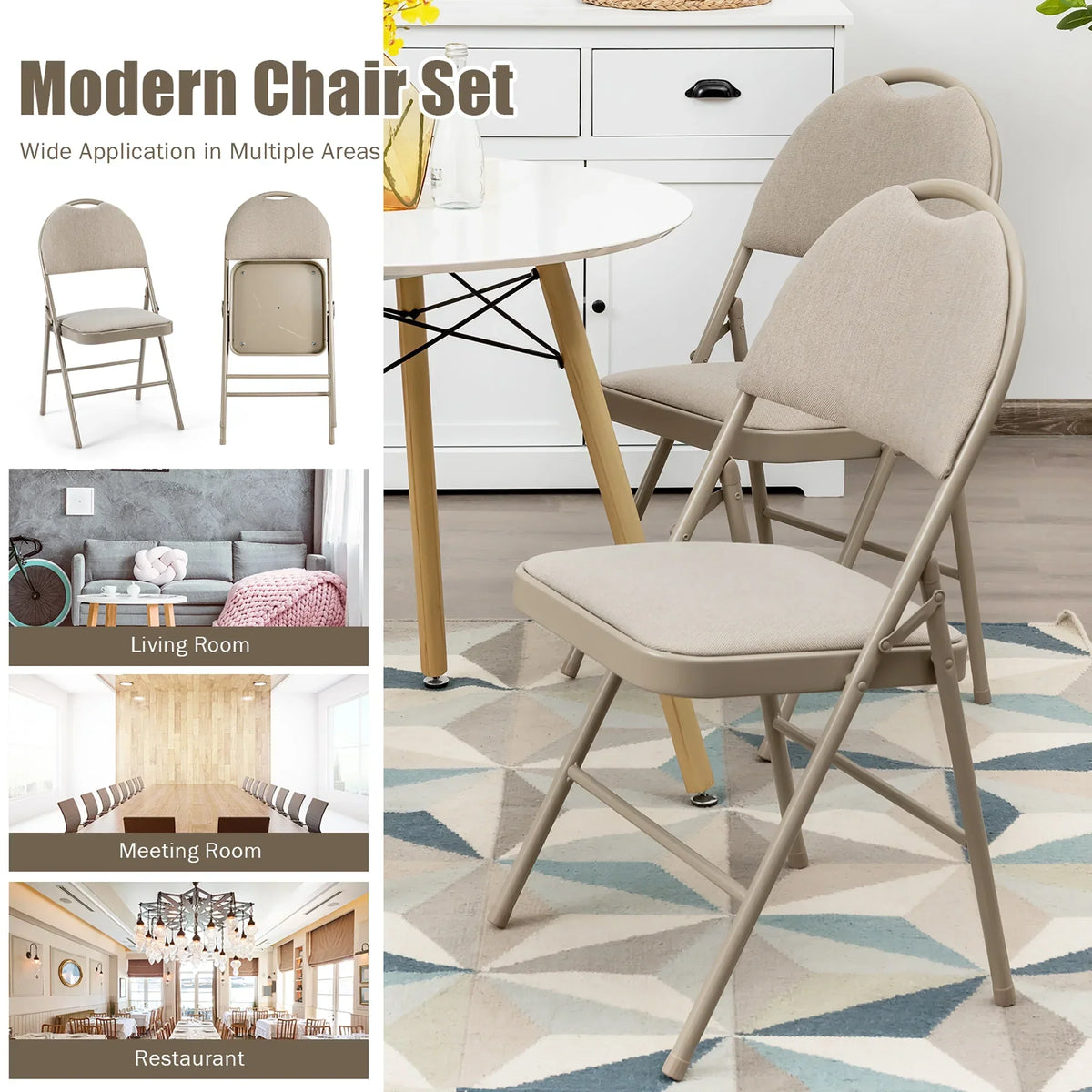Nouveauté 2026 – Ensemble de 6 chaises pliantes Costway , assise rembourrée et revêtement en tissu, structure en métal, beige, pour la maison ou le bureau