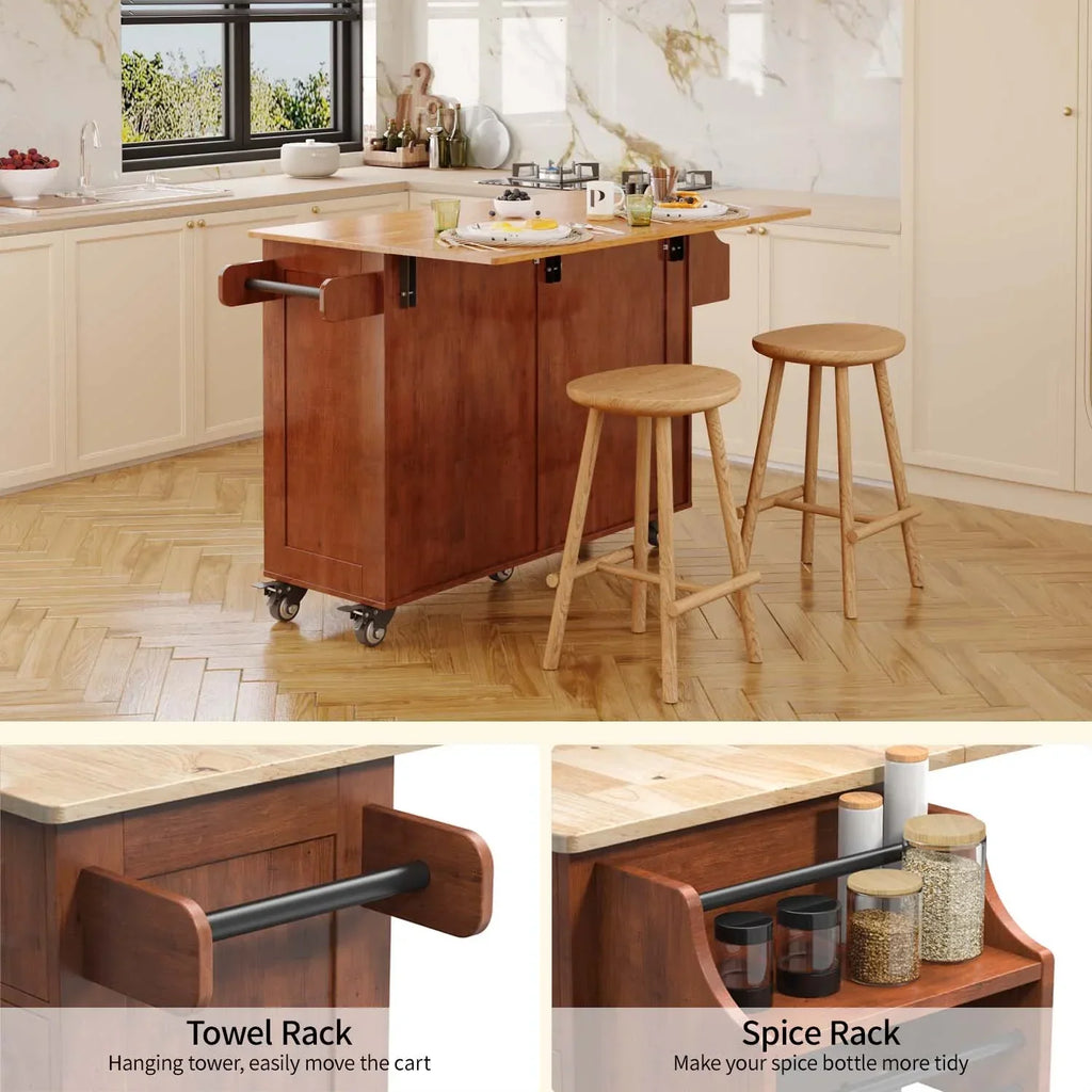 Nouveauté 2026 – Îlot de cuisine Lofka 52 pouces (132 cm) avec rangement sur roulettes et abattant en bois, idéal pour les petites cuisines